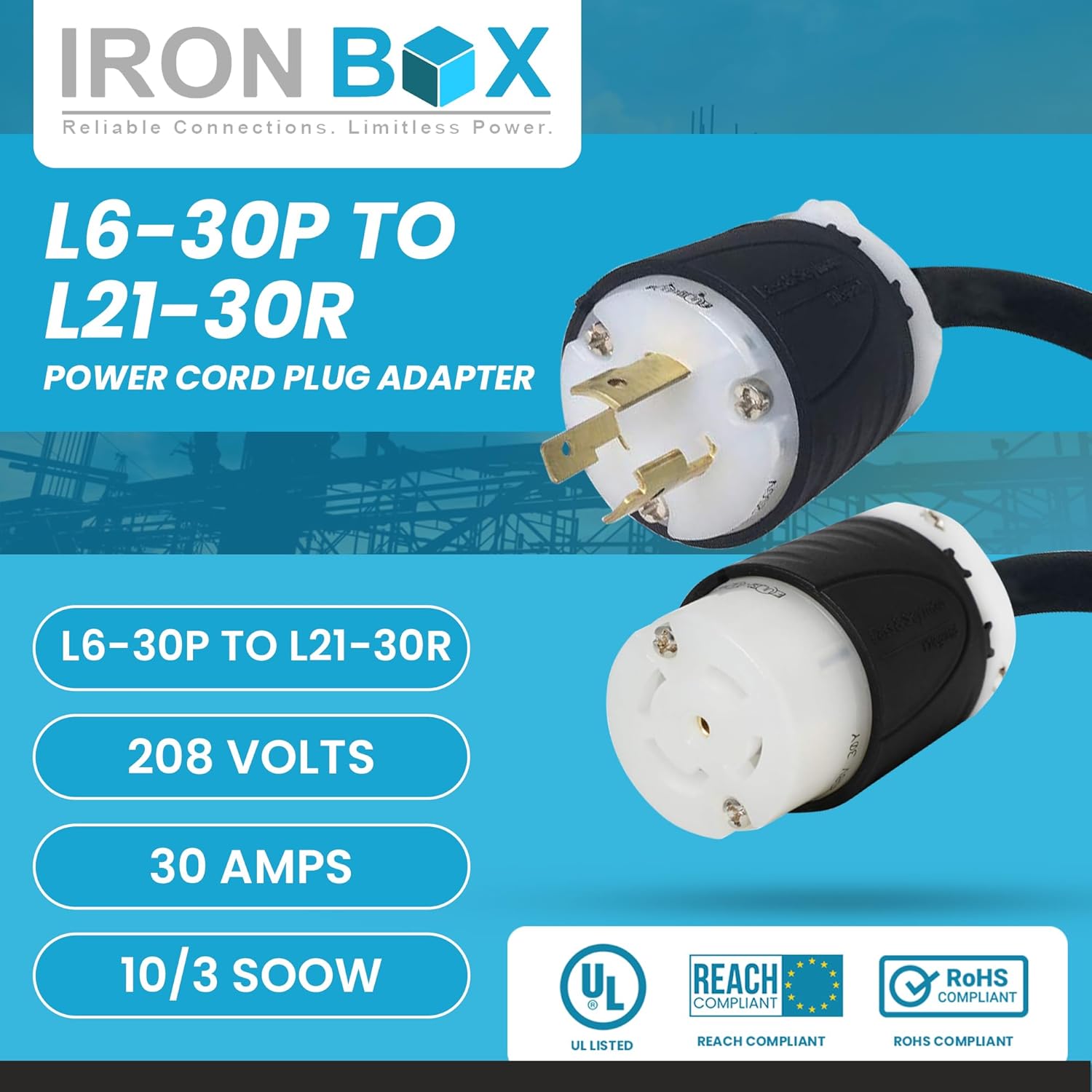 IronBox NEMA L6-30P to L21-30R Power Cord Plug Adapter - 30A, 208V, 10/3 SOOW - UL Listed Heavy Duty Power Cable - Twist Lock Power Extension for Generator, RV, Camper and More (6ft, Custom Build)