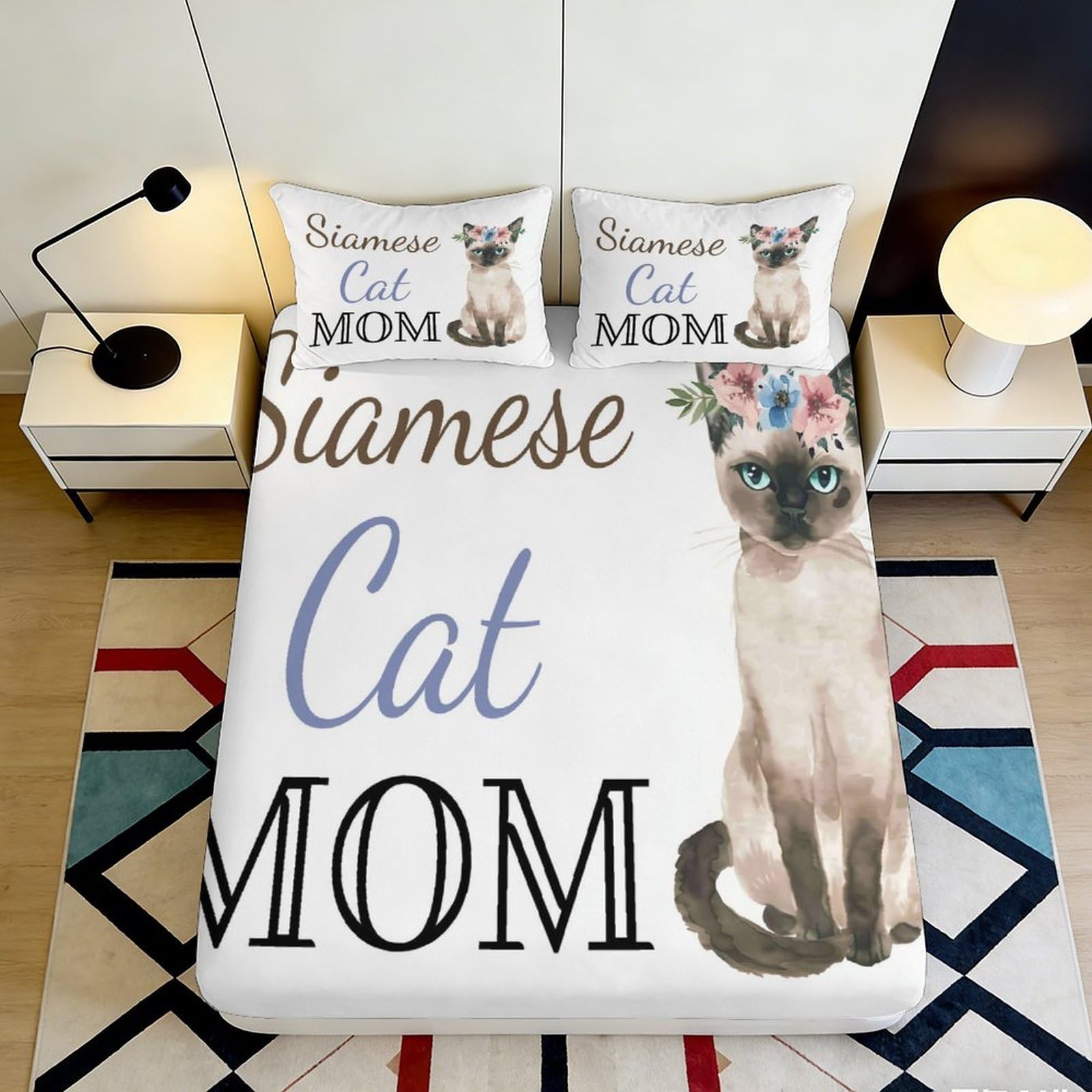 3D Printed Siamese Cat Microfiber Fitted Sheet Soft Breathable Floral Cat Mom Bed Cover for Bedroom Dormitory Guest Room Mattress Protection Decor 160x200x25cm