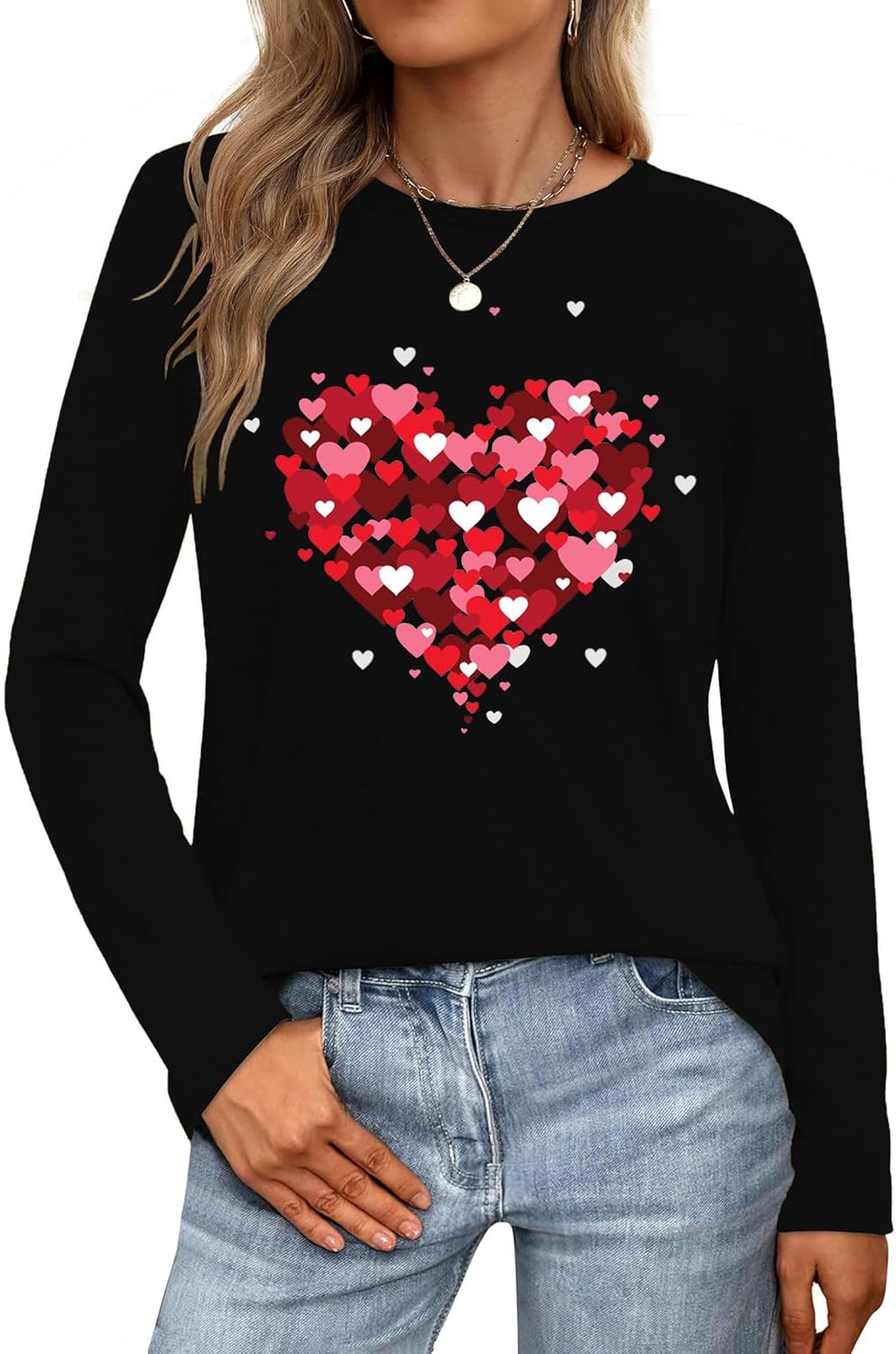 Valentines Long Sleeve Shirts for Women Valentine Love Heart Printed Tee Casual Tops