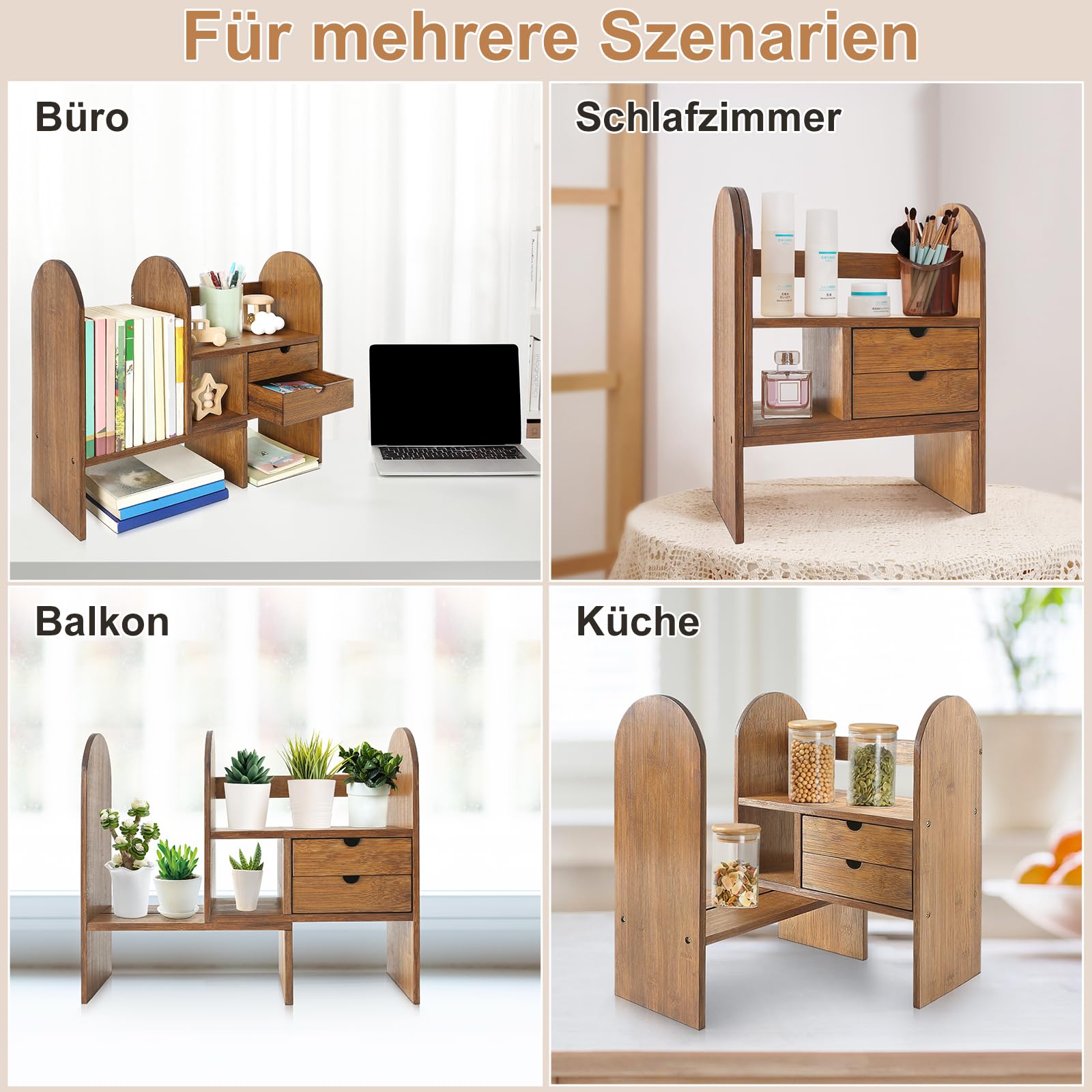 GUUSII HOME Bücherregal Klein Holz Schreibtischregal Verstellbare Tisch Regal Schreibtisch Organizer Ausbaufähig für Bücher Bürobedarf Büro Schreibtischaufsatz Bambus Tischregal Küche (Braun)