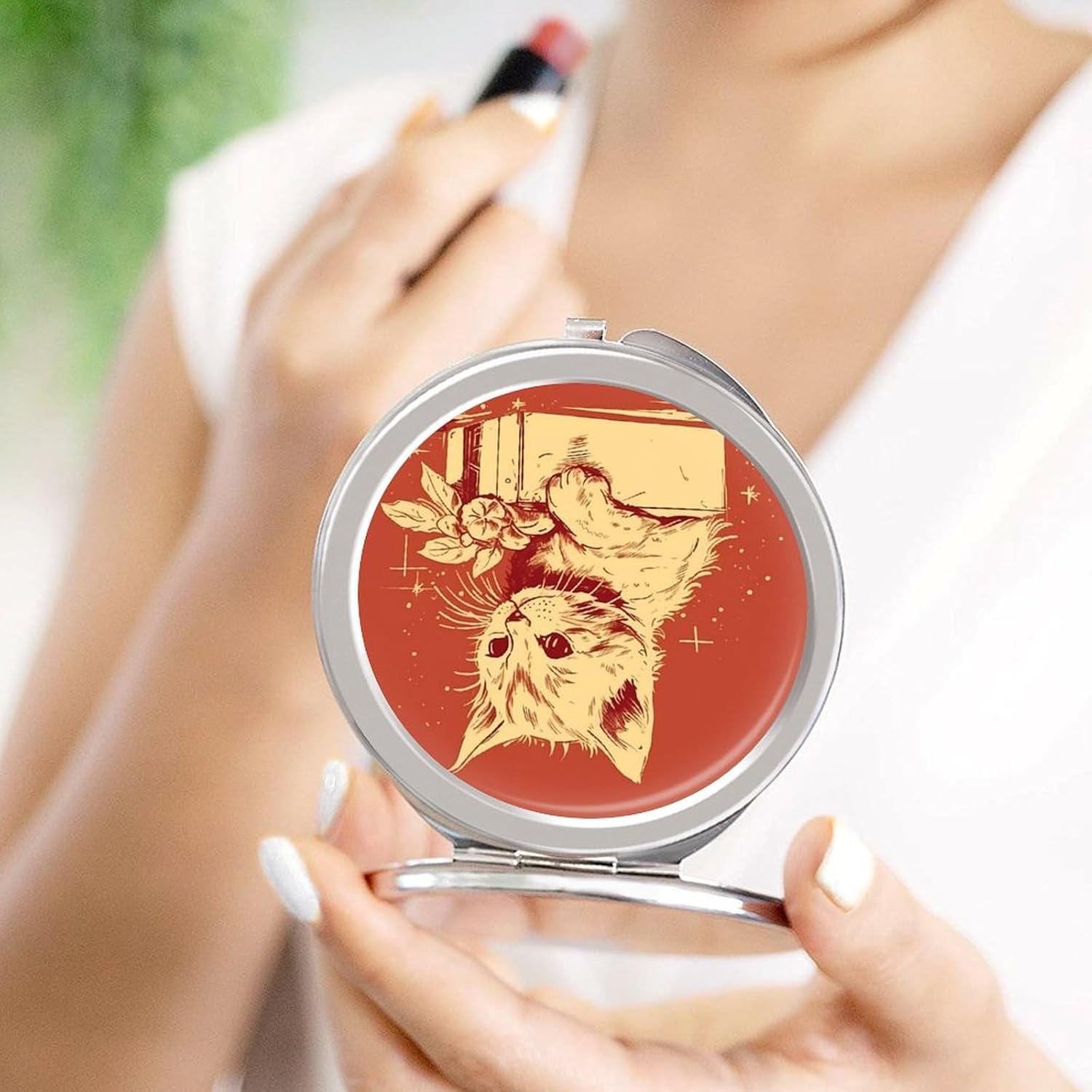 Makeup Mirror for Women Portable Compact Cat Lying on The Box Vanity Mirror for Travel Folding Cosmetic Mirror with Mirror Cover Double-Sided Handheld Mirror for Purse image 4