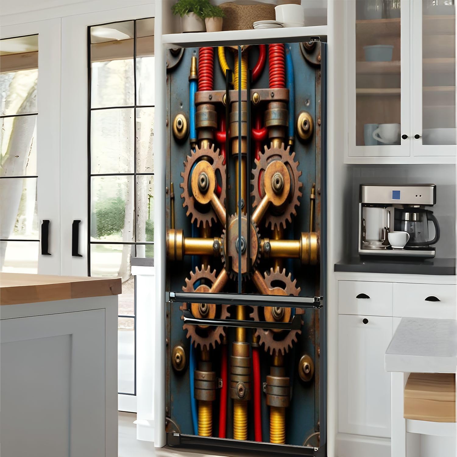 Self Adhesive Vinyl Refrigerator Wrap Steampunk Mechanical Gears Brass Copper Pipes Industrial Style Door Mural Sticker Peel and Stick Removable Door Cover Fridge Wrap Decal for Kitchen Decor
