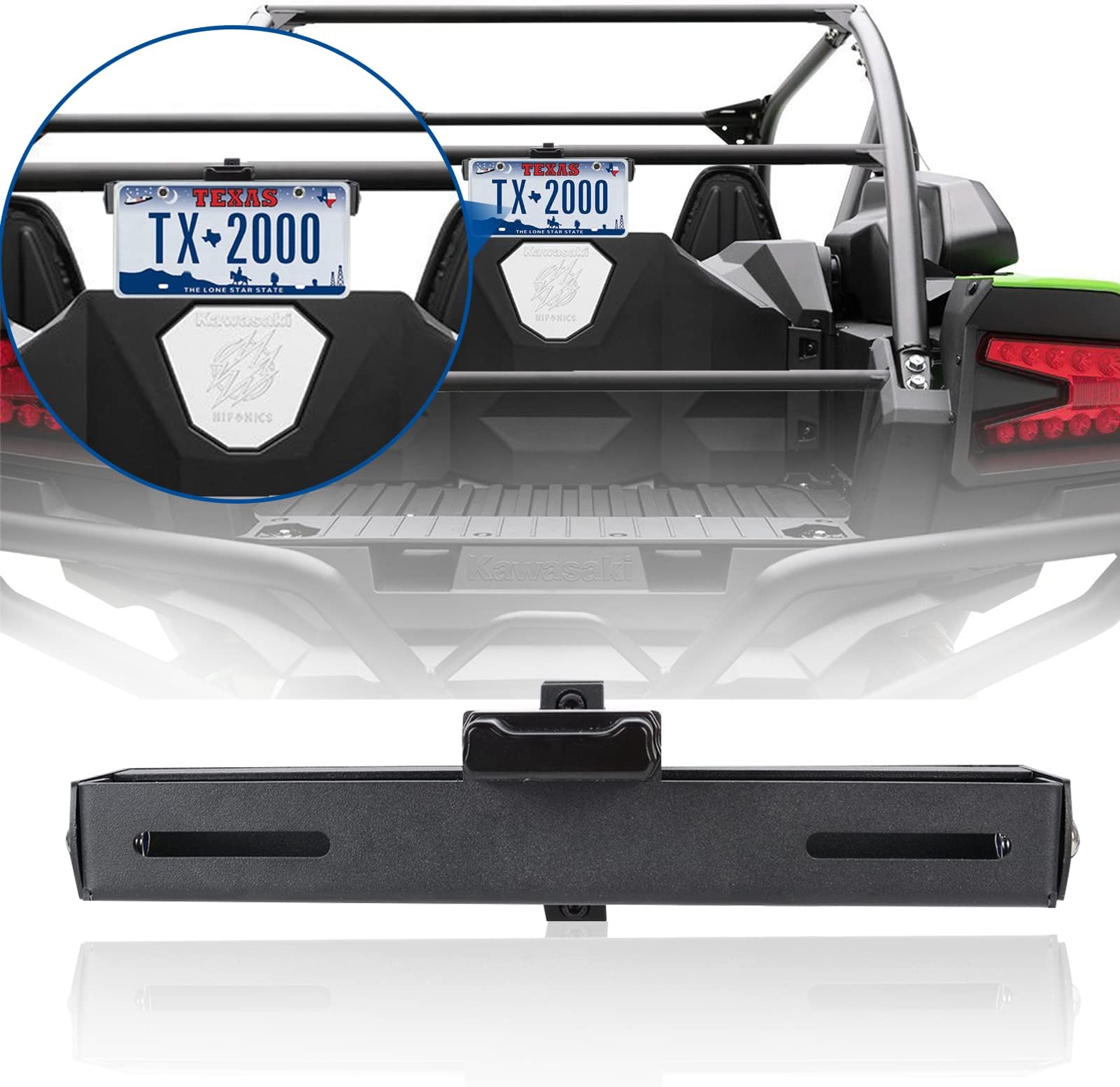 Maiker Aluminum UTV License Plate Frame with Light Compatible with Polaris Pioneer Talon Can-Am Maverick X3 Kawasaki Arctic Cat Wildcat fits 1.75-2 Inch Roll Cage Bars