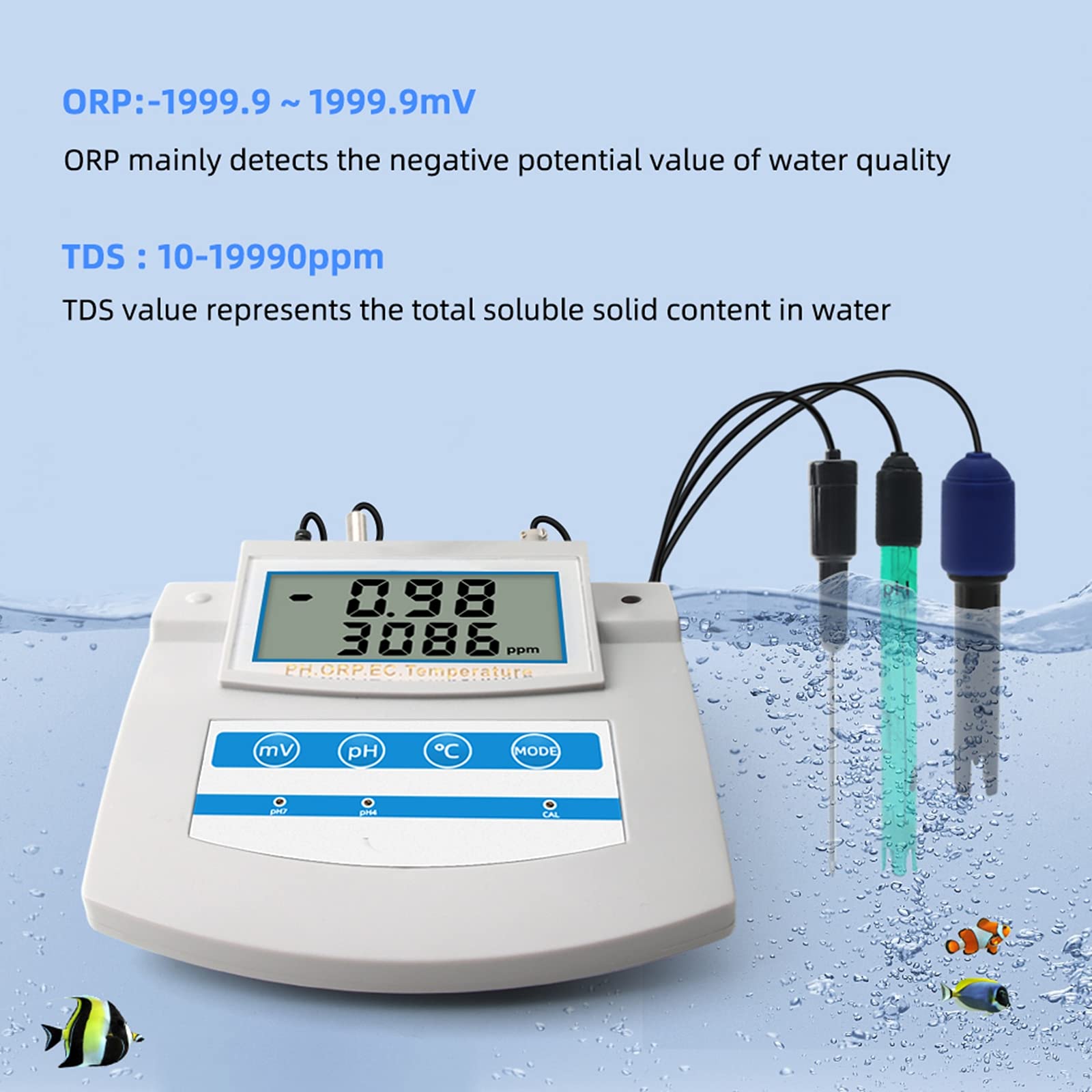 Monitor de Calidad del Agua 6 en 1 PH ORP TDS EC CF Medidor de probador de Temperatura de sobremesa, Pantalla LCD, para Piscina, Acuario, Laboratorio