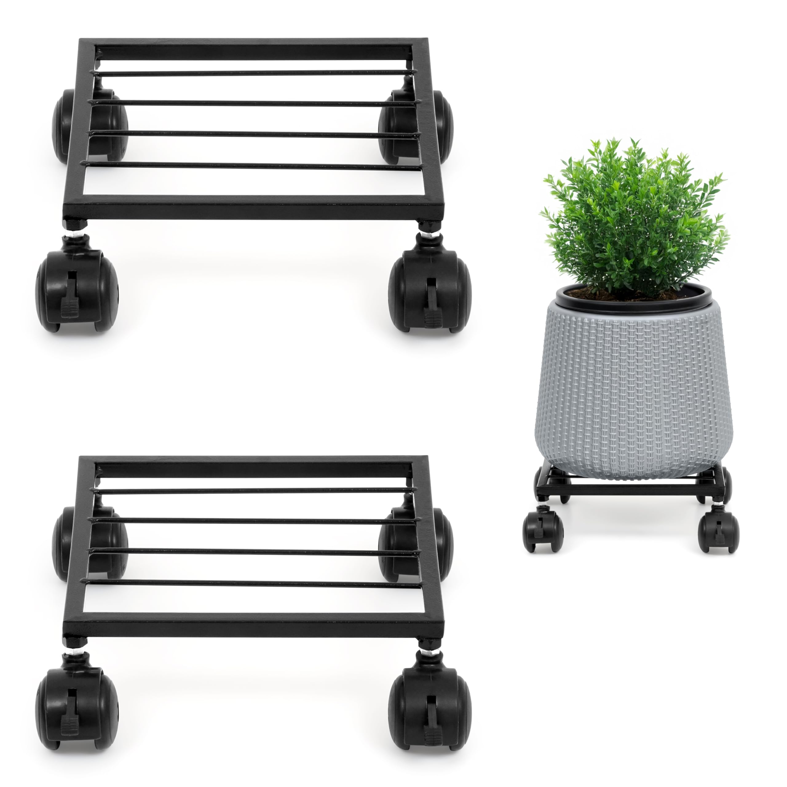 Livzing 2 Pcs 10 Inch Metal Plant Stand with Lockable & unlockable Wheels, Flower Pot Stand - Square Planter Stands for Indoor, Outdoor, Home, Garden Heavy Duty Powder Coating Gamla Holder for Balcony