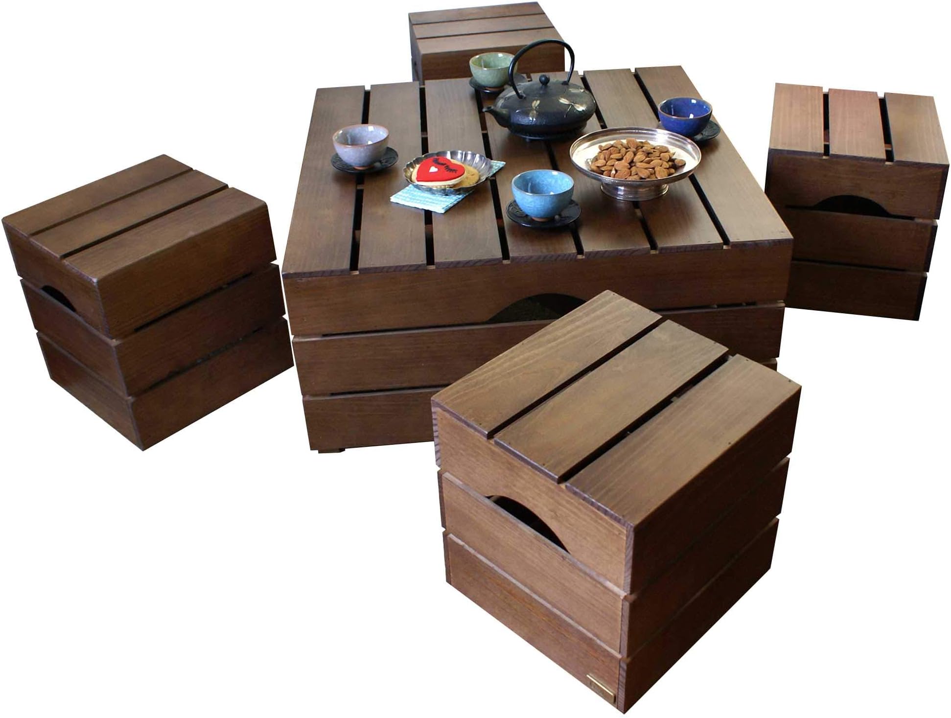 Liza Lina SQUARE WOODEN COFFEE TABLE, with 4 Interlocking Stools, Vintage Box Style, Solid Pine - 72,5 x 33,5 x 72,5 cm (Walnut Brown)