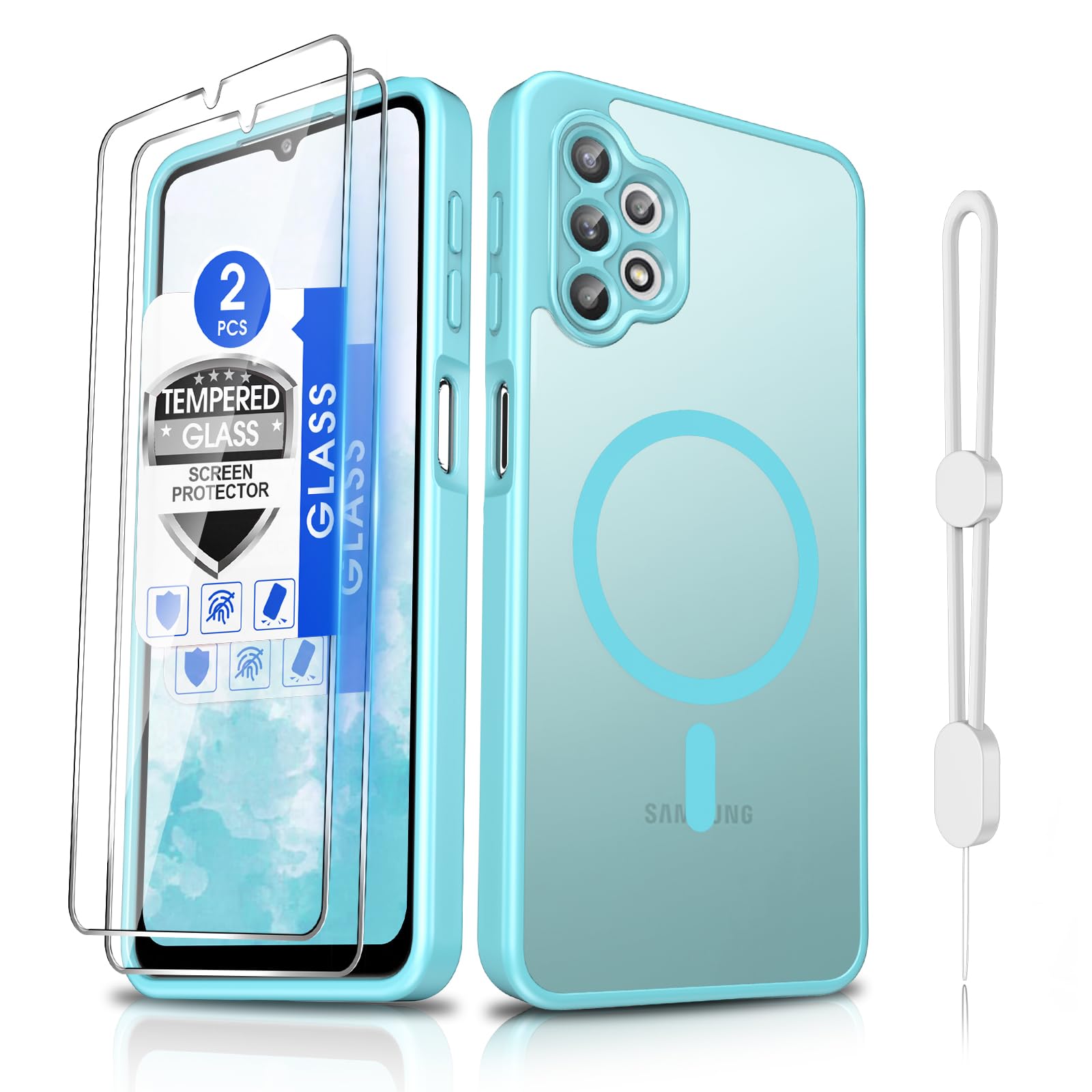 Dizn Magnetic for Samsung Galaxy A32 Phone Case:[Not Fit 4G] with Tempered Glass Screen Protector,wrist band,[Fit For MagSafe],Matte Translucent Slim Case,Military-Grade Shockproof,Funda Para A32,Teal