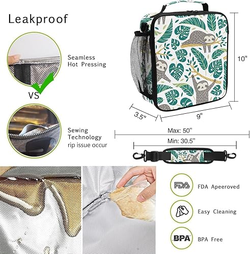 Miniatura 4 de Lonchera con diseño de perezoso para niños, con aislamiento, congelable, bolsa de almuerzo de hojas verdes con correa para el hombro para niñas