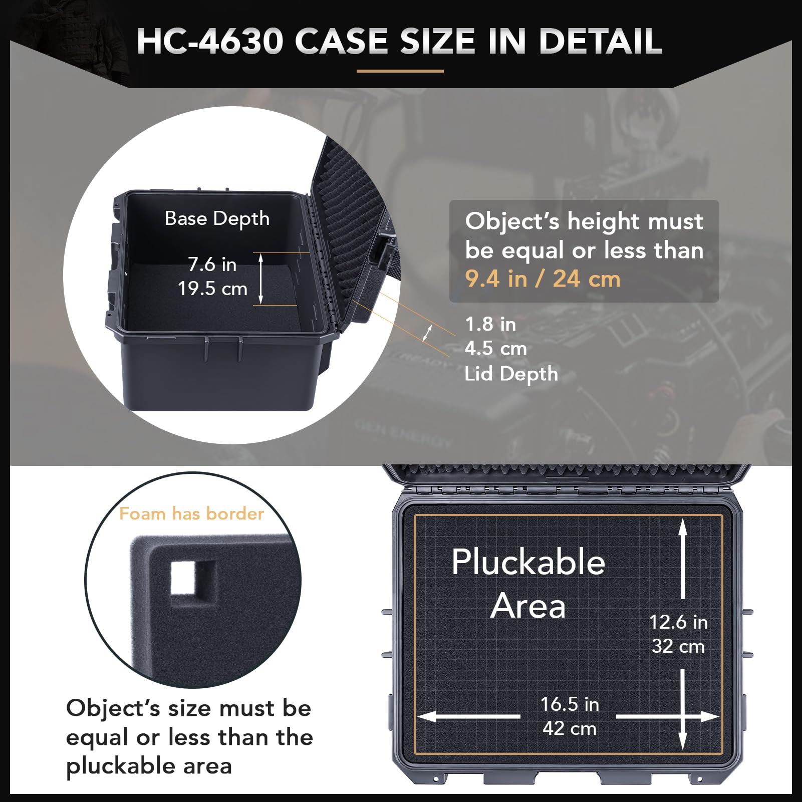 Lykus HC-4630 Maletín/Maleta/Estuche/Case rígida Impermeable con Espuma Personalizable, Tamaño Interior 46x36x24 cm, Adecuado para electrónica y más