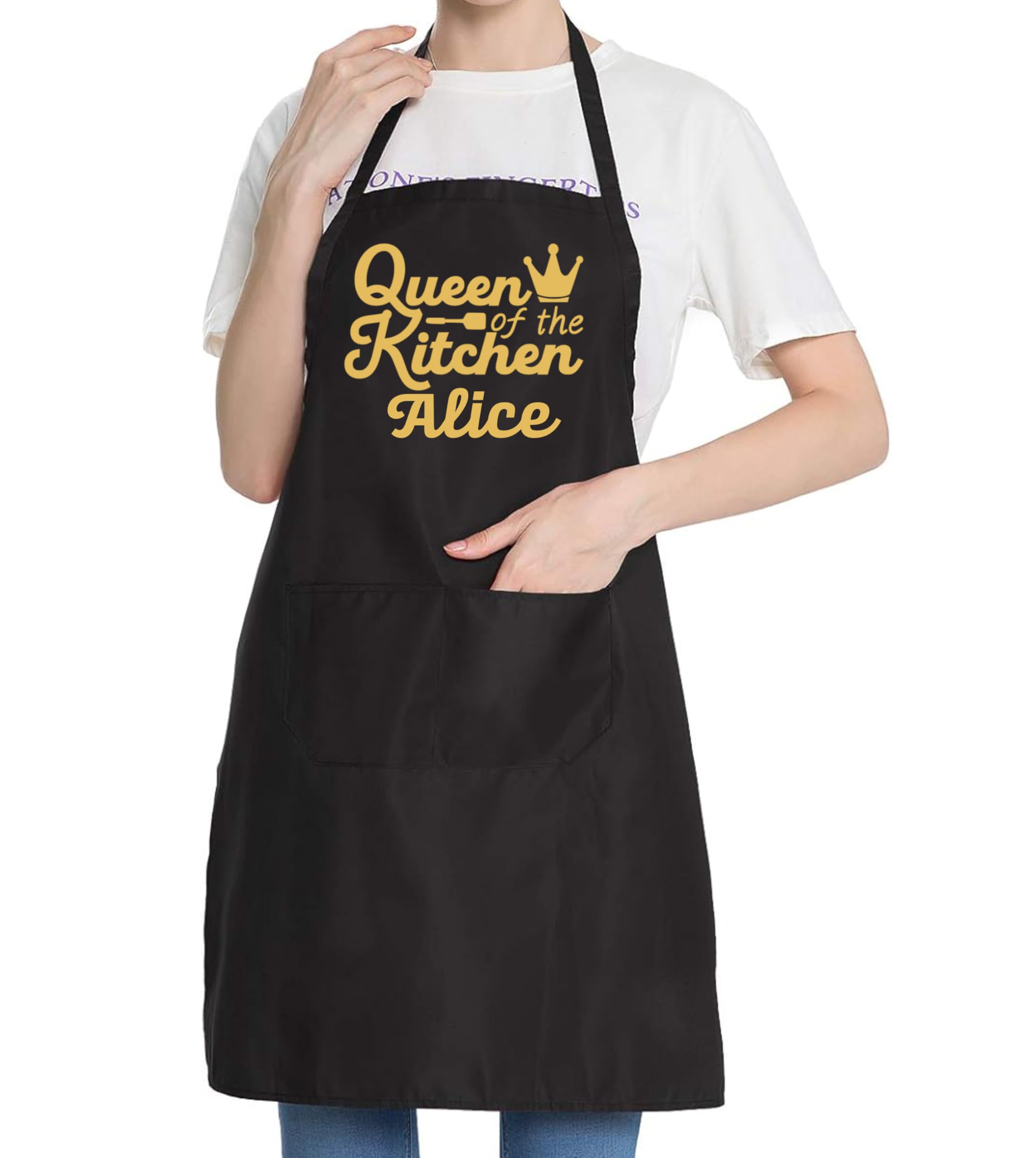 PB TECH Personalised Funny Chef Apron for Women – “Queen of the Kitchen” Cotton Cooking Apron with Pockets, Best Apron Design and Gift for Birthdays, Christmas & Mother’s Day (Black)