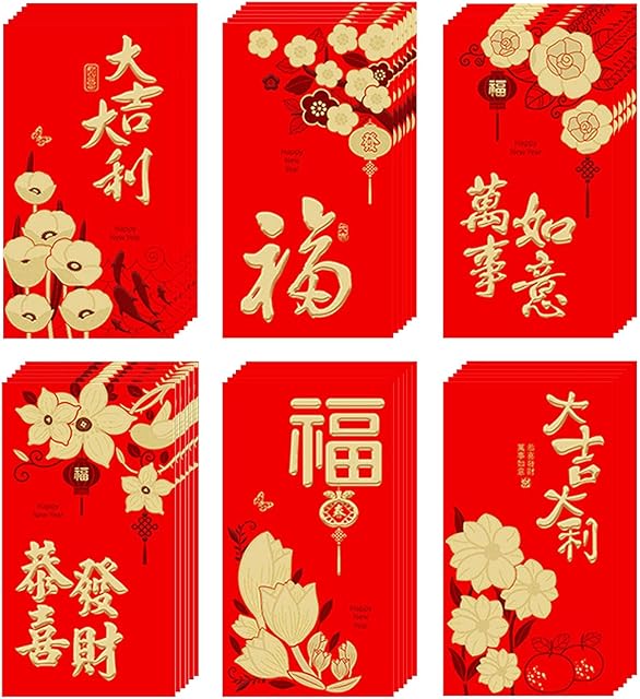 Topro 36 Pack 6 Design Chinese Hong Bao Red Envelopes,Chinese Lucky Money Envelopes Red Packet Lai See Lucky Packet Cash Envelope Red Pockets for Chinese New Year Wedding Birthday Year (966)