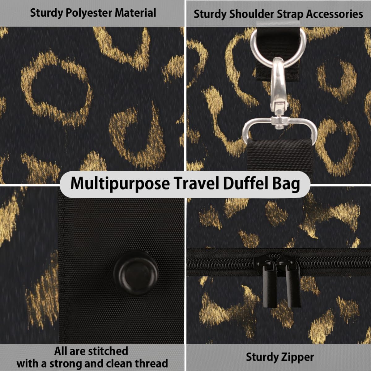 Pardick Travel Duffel Bag for Women Men Black Gold Leopard Cheetah Sport Gym Tote Bag Lightweight Weekender Overnight Bag Workout Bag Waterproof Foldable Carry on Luggage Handbag for Traveling Yoge