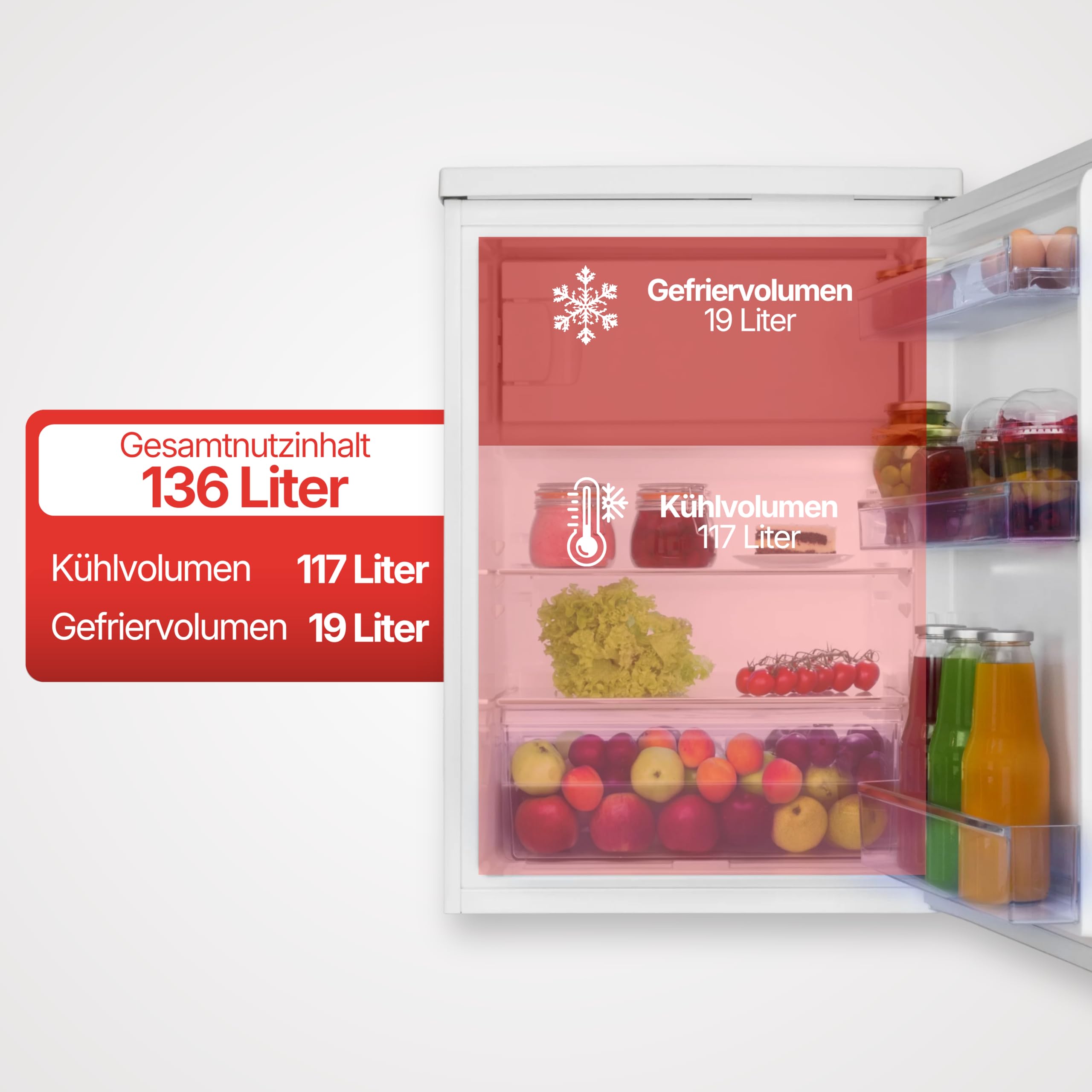 Amica Kühlschrank mit Gefrierfach 136 L 85x60x64,8 cm KS 15915 W | 117 L Kühlteil, 19 L Gefrierteil, LED Beleuchtung, Gemüseschublade, Wechselbarer Türanschlag, Glasablage