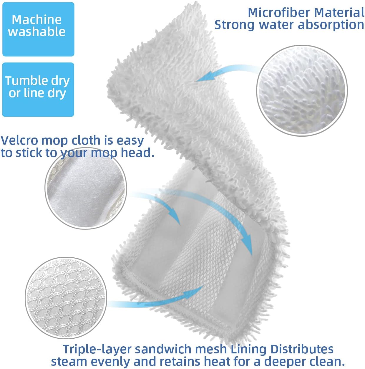 XIMOON Steam Mop Pads Replacement Washable Shark steamer & Spray Mop for SK410 SK435CO SK460 SK115 SK140 SK141 S3101 S3102 S3250 S3251 S1000 S1000A - 4 Pack