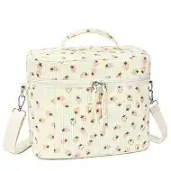 HowFly Corduroy Insulated Lunch Bag Box for Women - Soft Reusable Thermal Cooler Tote Bag with Adjustable Strap for Travel, Beige Strawberry (Pink)