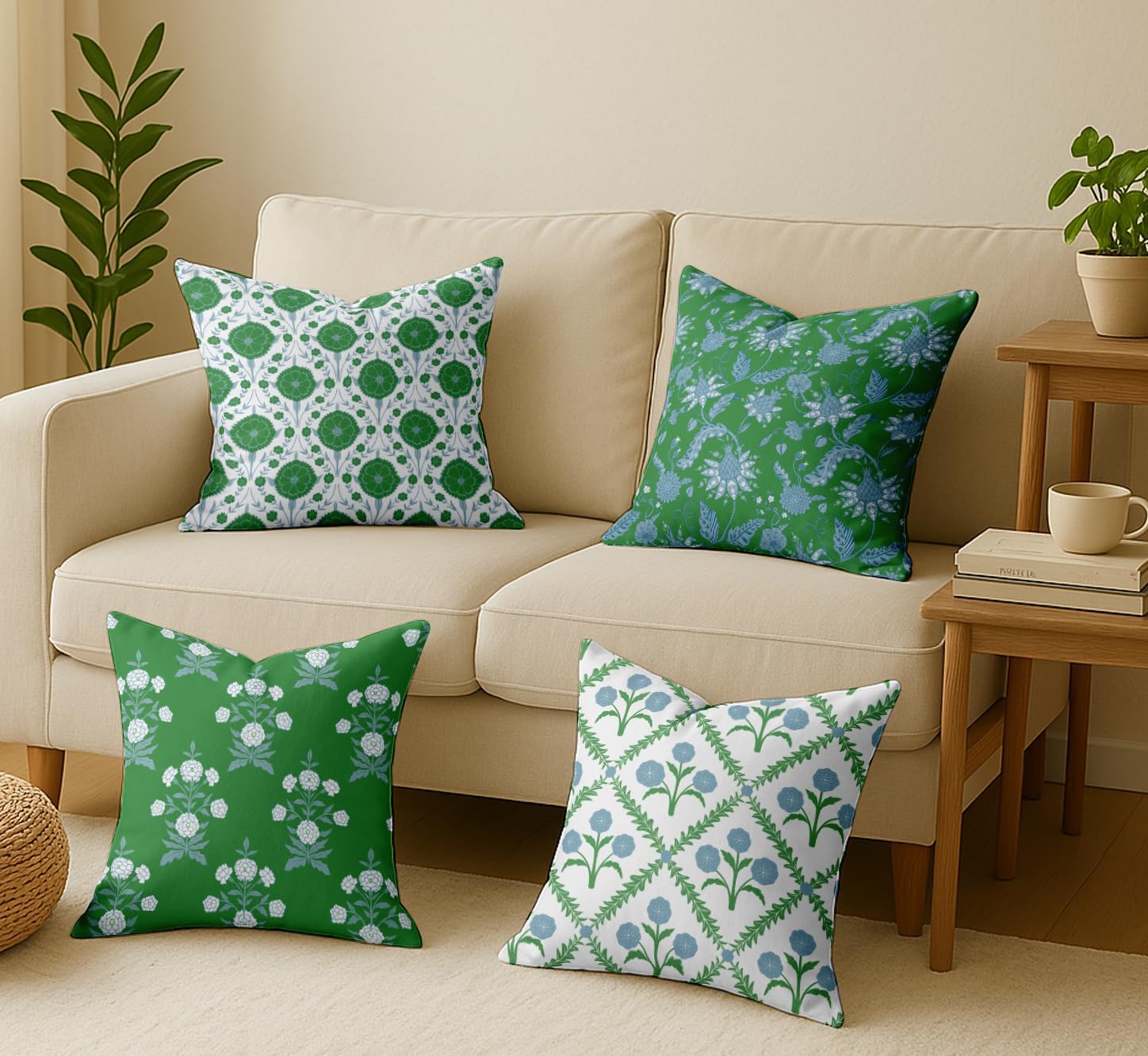 Set of 4 16x16 Cotton Cushion Covers - Decorative Reversible Pillow Covers with Concealed Zipper - Filler Not Included - Block Print, Green