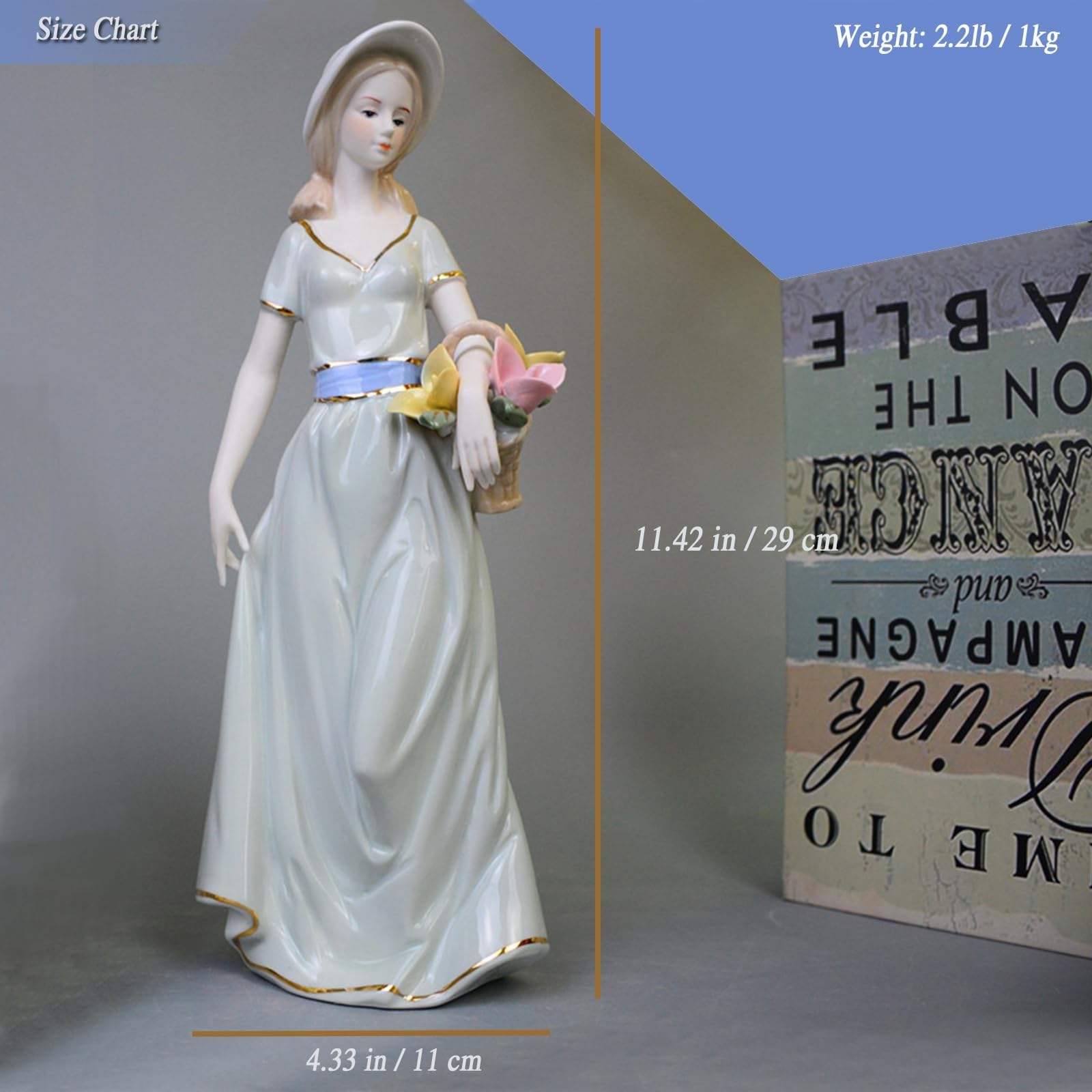 Decoración Arte Estatua Escultura - Cesta de porcelana Figuras de niña de las flores Ramo Estatuas Escultura de cerámica, Figura de decoración de escritorio, Decoración del hogar de dama, Vestido de