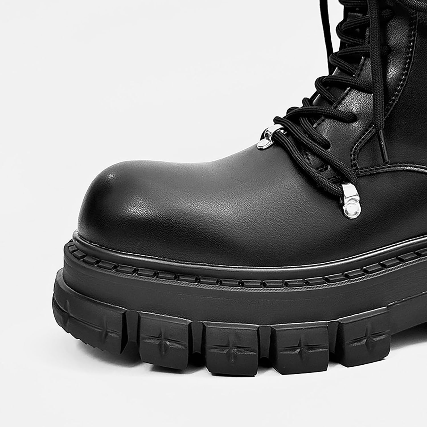 Men's Leather Platform Combat Boots Fashion Round Toe Lace Up Side Zipper Motorcycle Boots Comfort Non-Slip Outdoor Ankle Boots