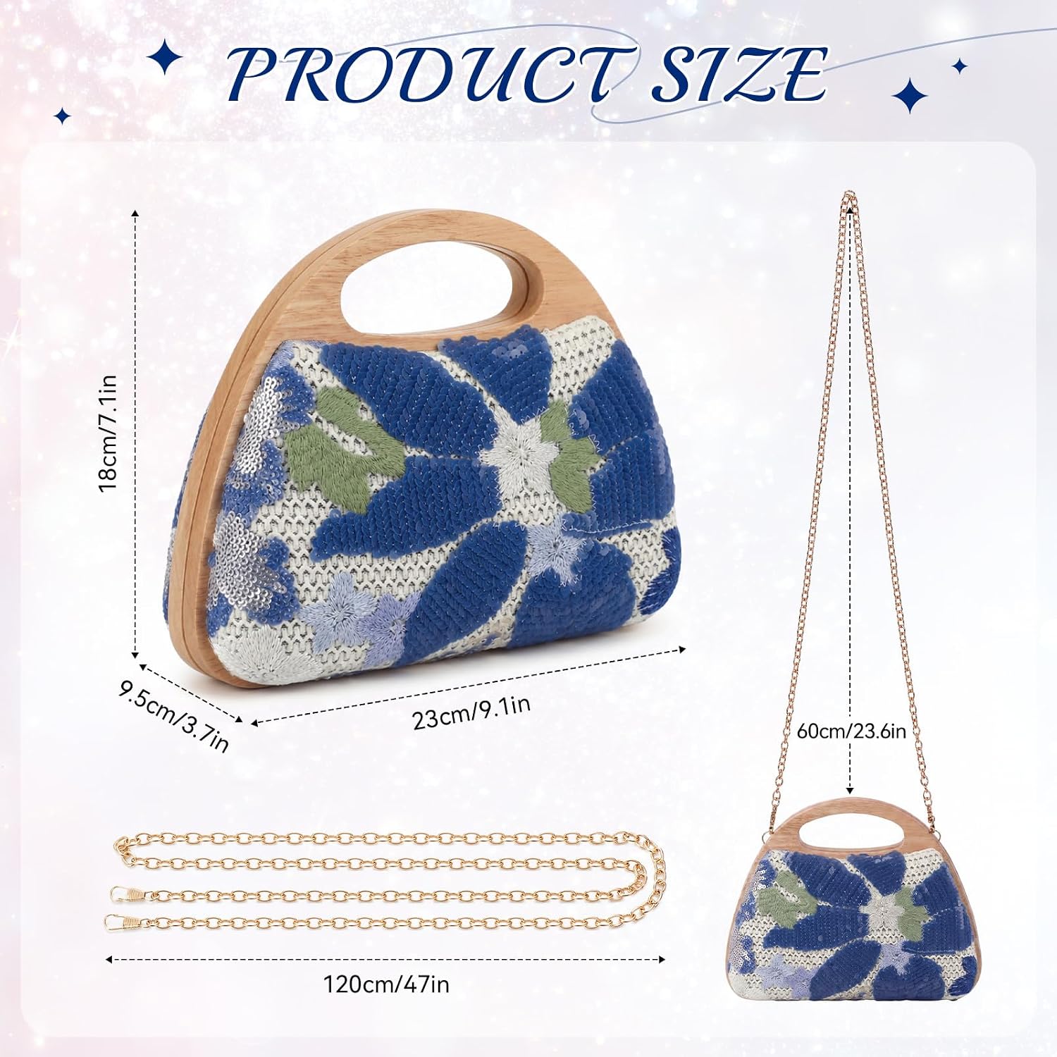 Tallew Women Beaded Purse Floral Clutch Handbag Sequin Crossbody with Wooden Handle Woven Summer for Wedding Party Beach