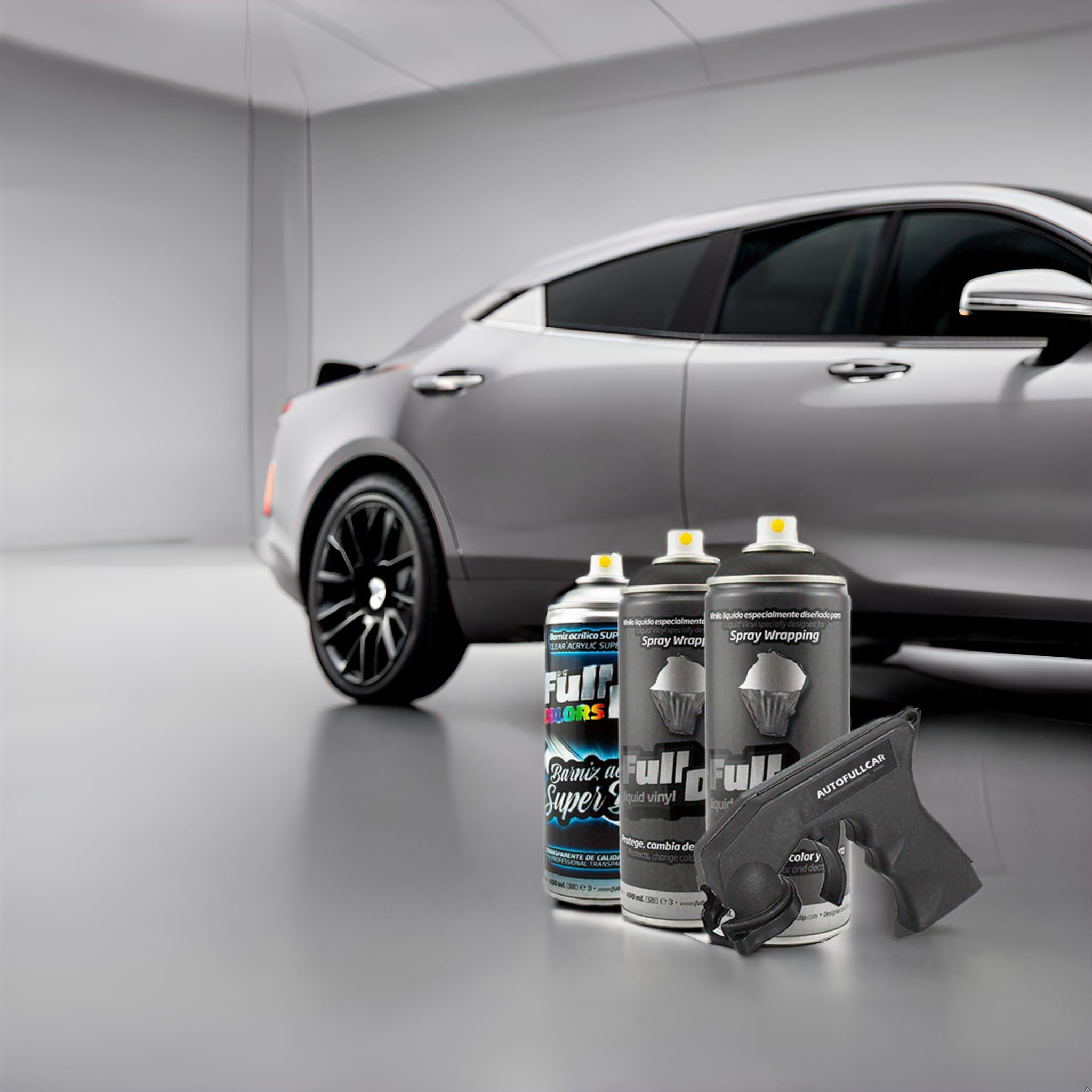 AutoFullCar - Pack 3 Sprays Full Dip Negro Brillo - 2 Sprays Negro + 1 Barniz Acabado Brillo De Acabado Resistente - 400 Ml. Unidad - wrapp