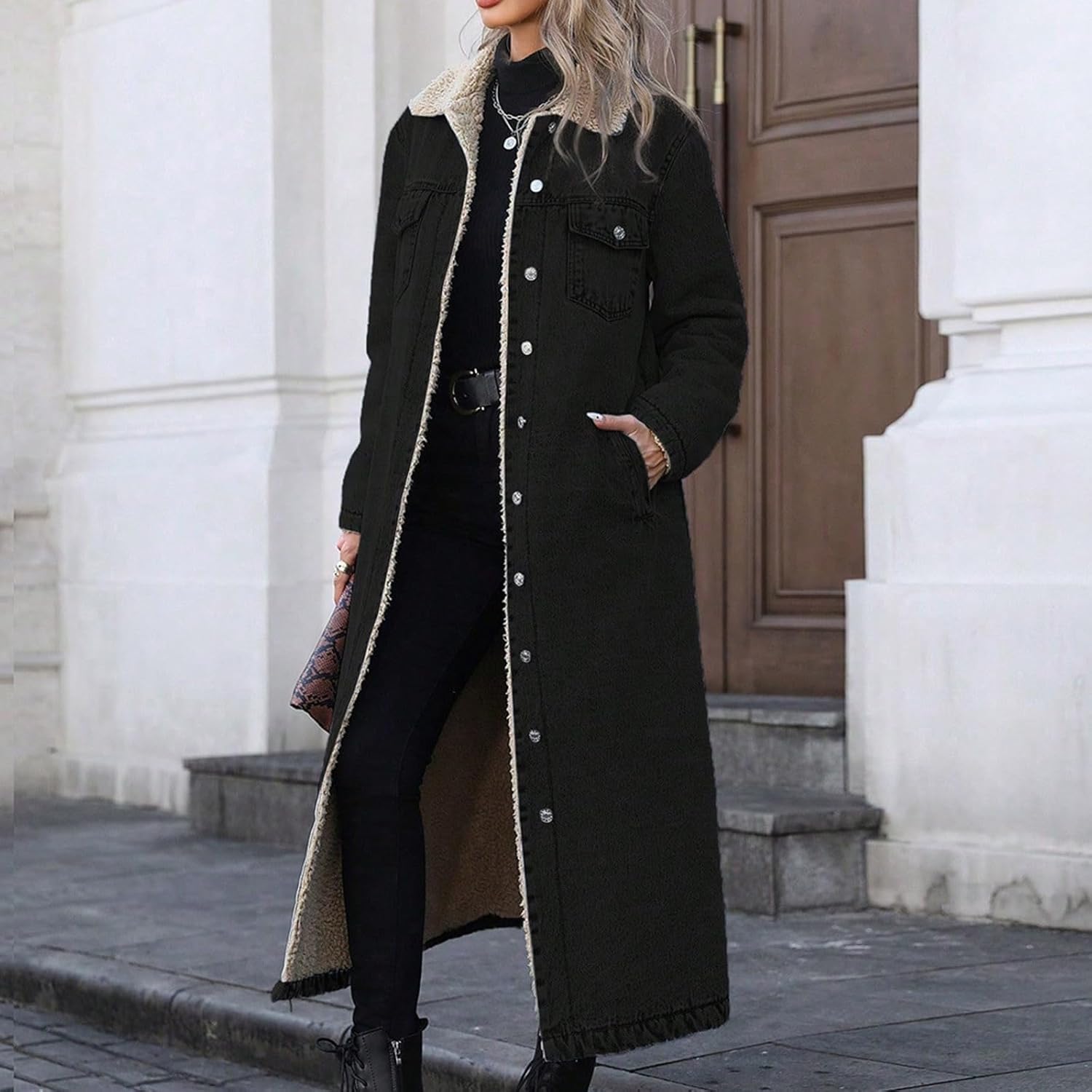 Ru Sweet Women's Winter Long Sherpa Fleece Lined Denim Jacket Trench Coat Casual Distressed Button Down Jean Overcoat - Image 2