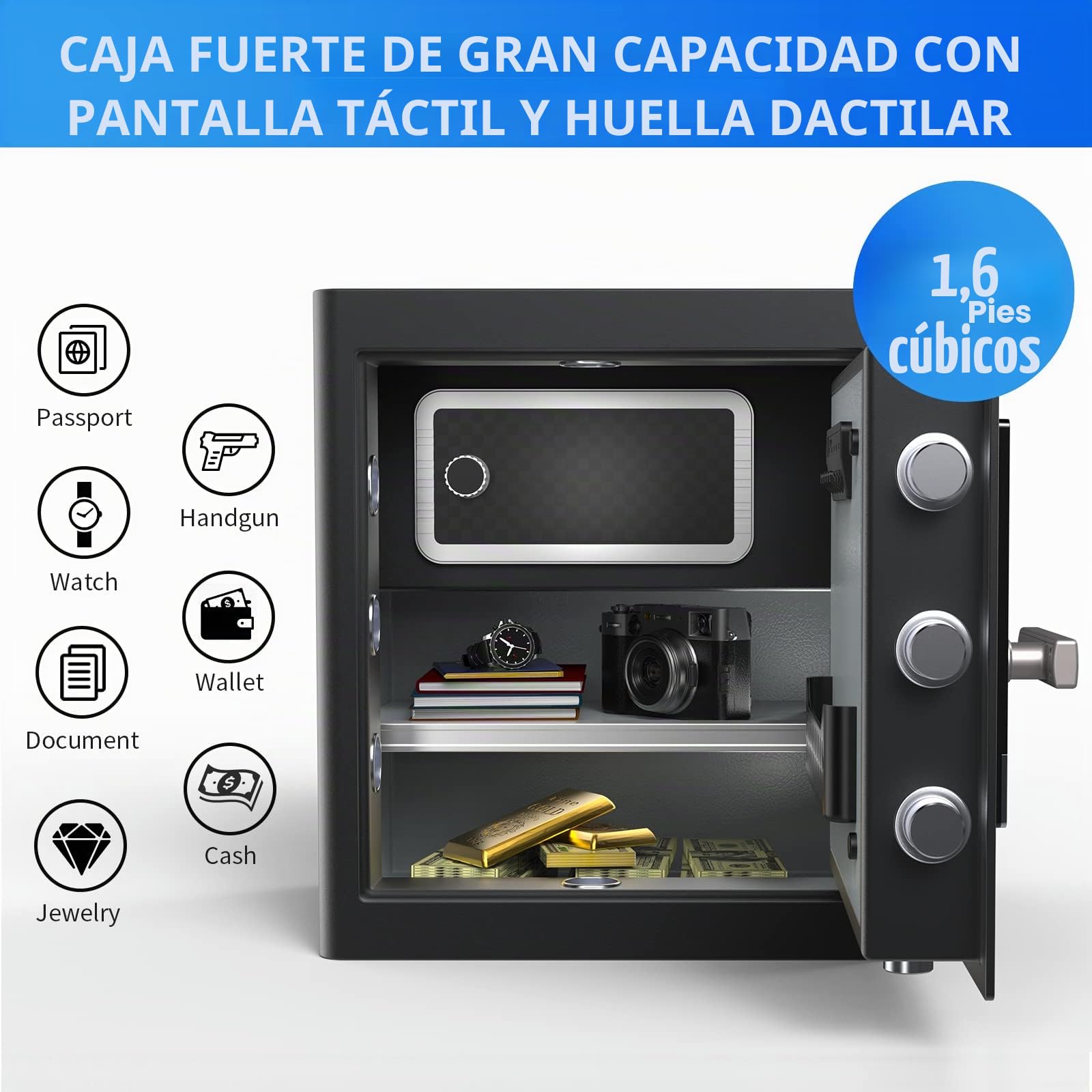 RPNB Caja fuerte y caja de seguridad de lujo para el hogar, pantalla táctil inteligente, caja de seguridad biométrica con huella dactilar con aviso de voz, desbloqueo de un solo toque, caja interior