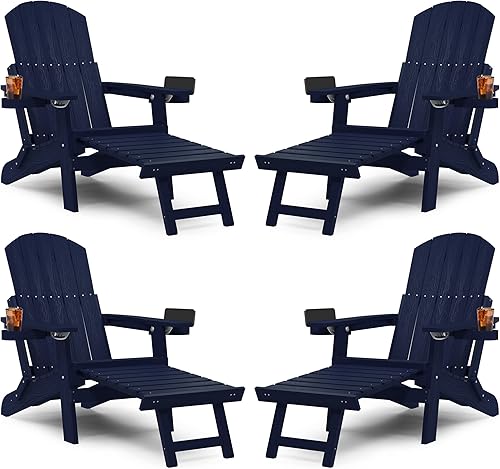 Miniatura 32 de YEFU Juego de 4 sillas Adirondack ajustables con reposapiés, sillas Adirondack ajustables de 5 niveles con otomana retráctil y 2 portavasos, sillas