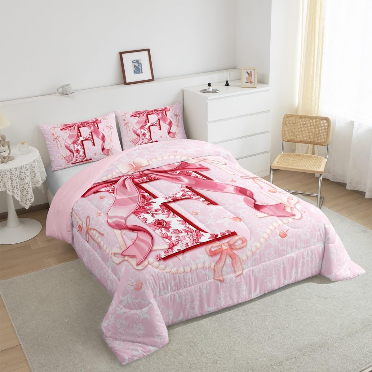 Erosebridal 3D Initial Letter F Full Size Comforter Sets with Unique Bow Design Coquette Pink Bow Bedding for Mom/Sister Aesthetic Bowknot Cute Preppy Duvet Insert Flower Floral Monogram Bed Set (F) - Image 3