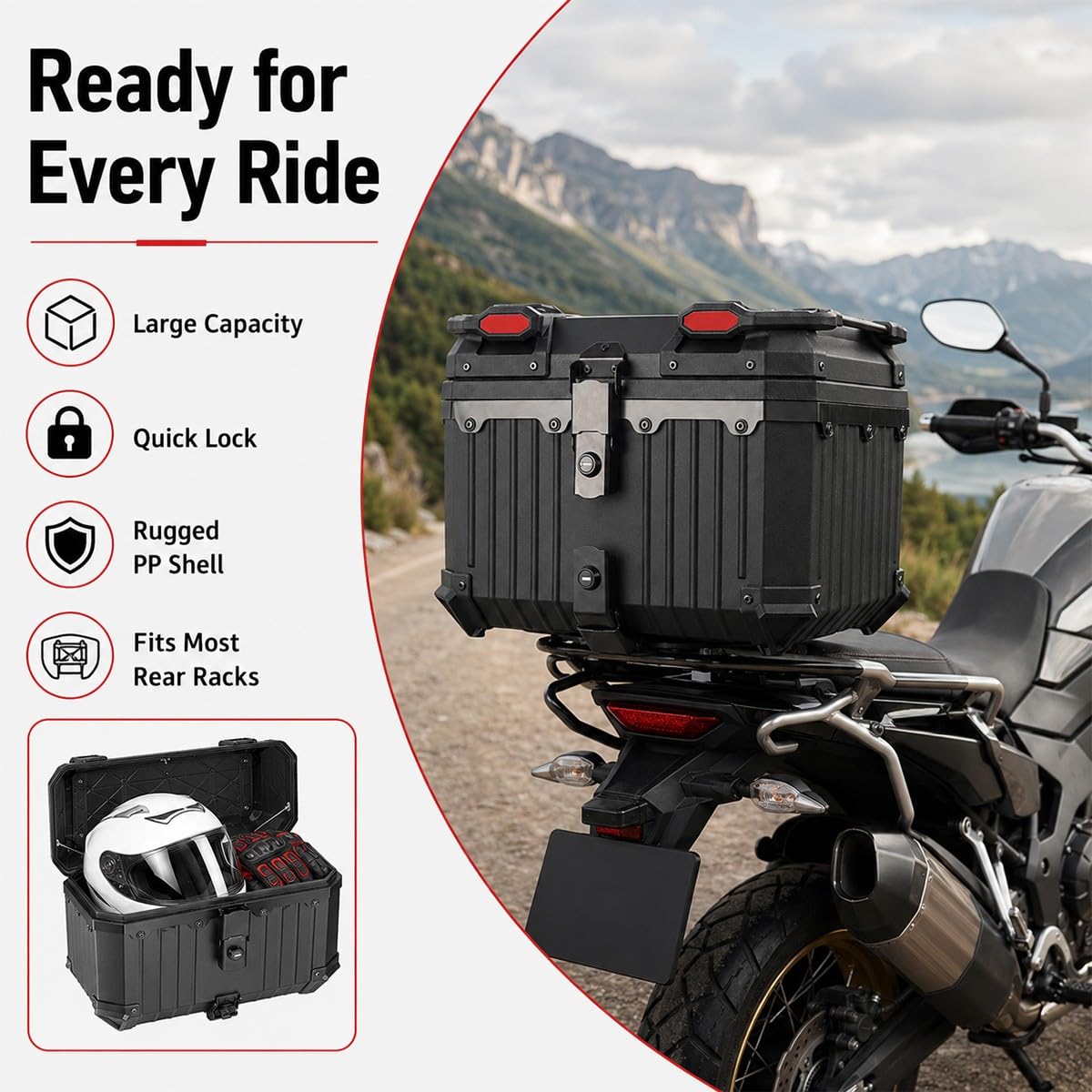 Bauletto Moto 45L 40x33x33cm Nero Opaco Baule Posteriore con Doppia Serratura Piastra a Sgancio Rapido Rivestimento Imbottito Valigia Universale per Scooter E Bike Pendolari Viaggi
