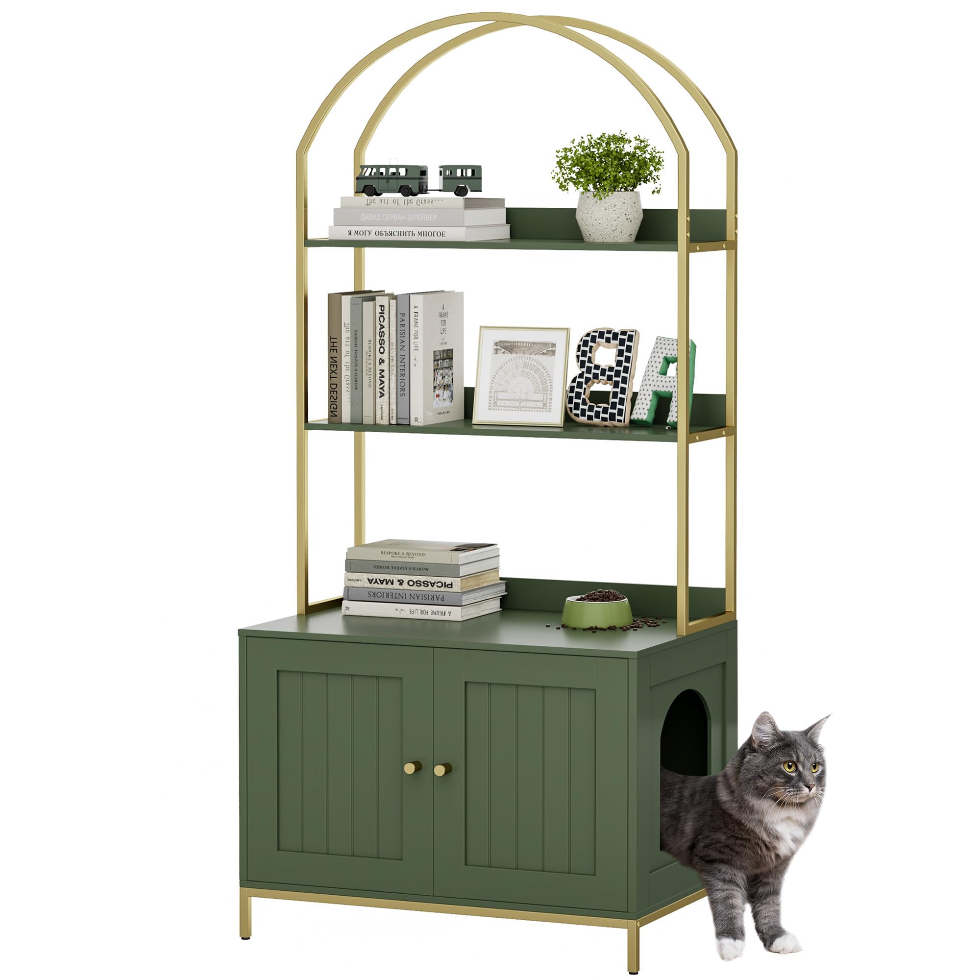 Homhedy Cat Litter Box Enclosure, Litter Box Furniture Hidden with 2-Tier Storage Shelves, Wooden Cat Washroom Furniture with Metal Frame, Modern Style, Green and Gold