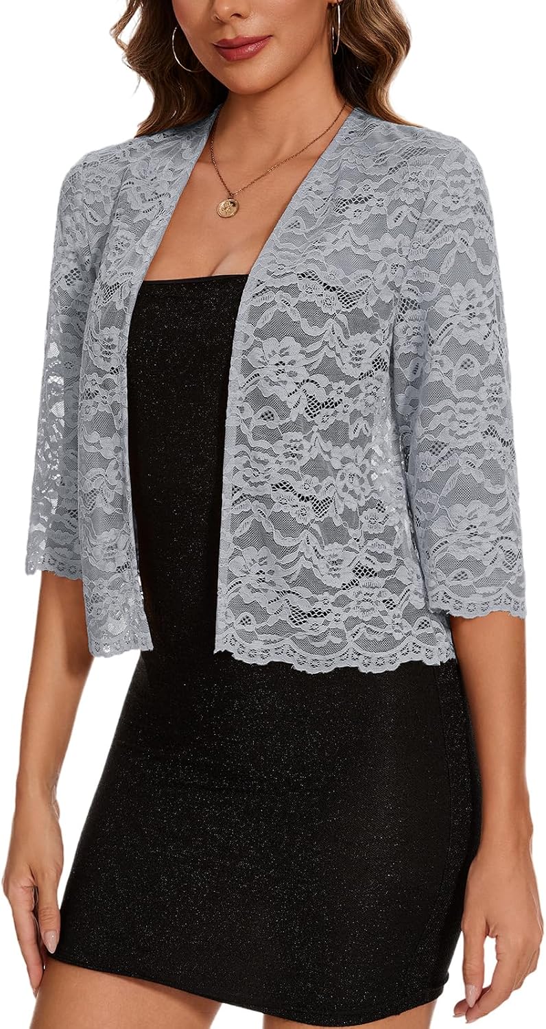MINTLIMIT Womens Bolero Shrug Floral Lace Cropped Cardigan 3/4 Sleeve Lightweight Shrug Top for Evening Dress,Grey,XL