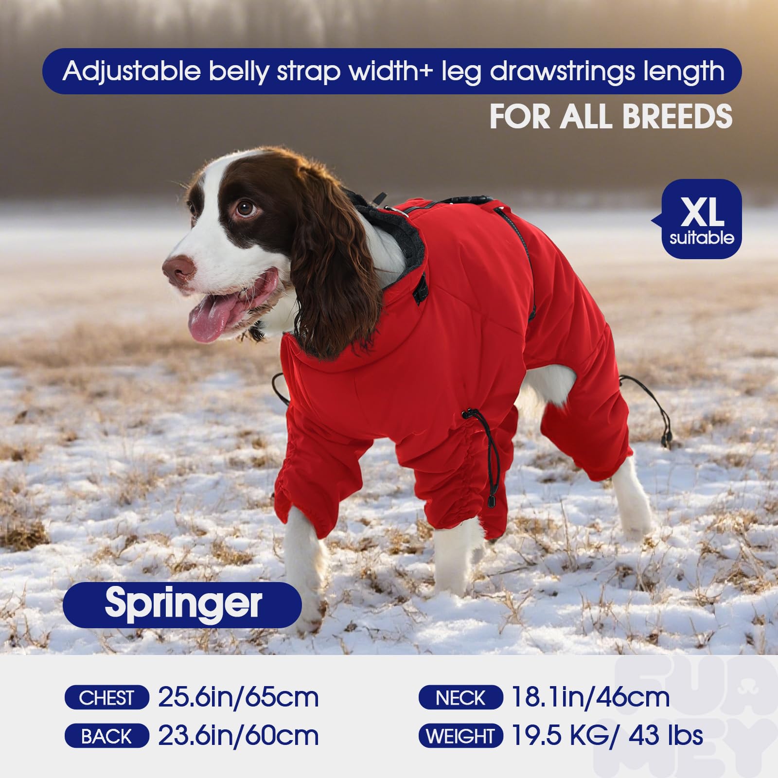 FUAMEY Abrigo de cuerpo completo para perro, chaquetas de forro polar cálido para perro con arnés integrado, resistente al viento, traje de nieve con cremallera para mascotas de cuatro patas, traje de