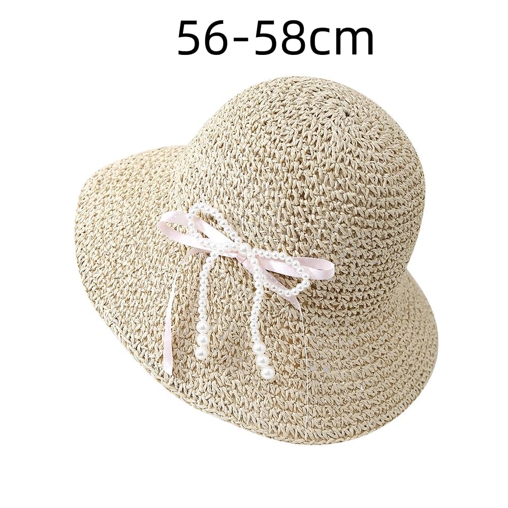 Sombrero de Paja Plegable de Verano para Mujer,de ala Ancha,con Protección UV y Lazo de Perla,Plegable y Transpirable,Ideal para Playa,Viajes y Fiestas
