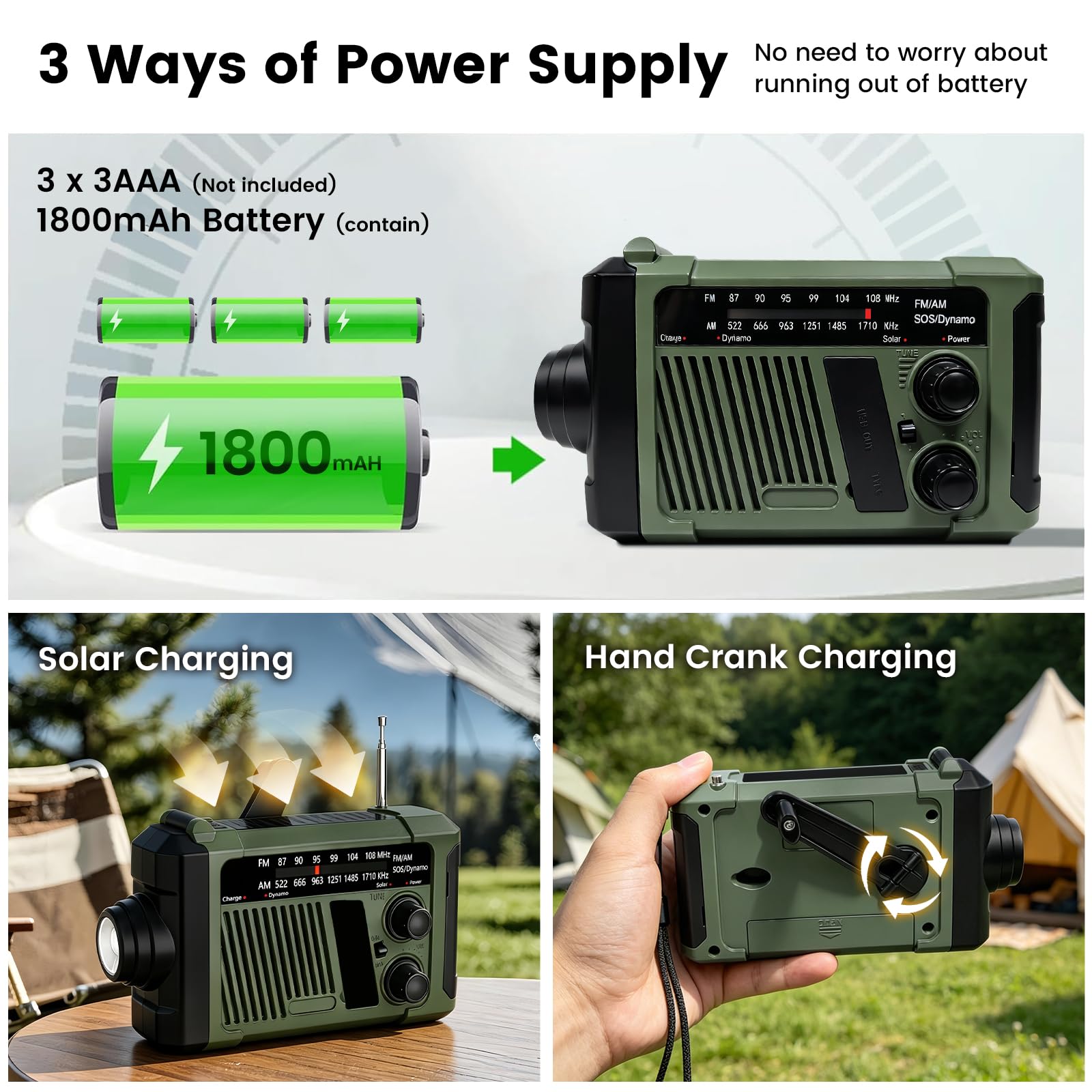 NOAA AM FM Radio météo d'urgence portable à manivelle, fonctionne à l'énergie solaire/à piles, lampe de poche pour intérieur et extérieur