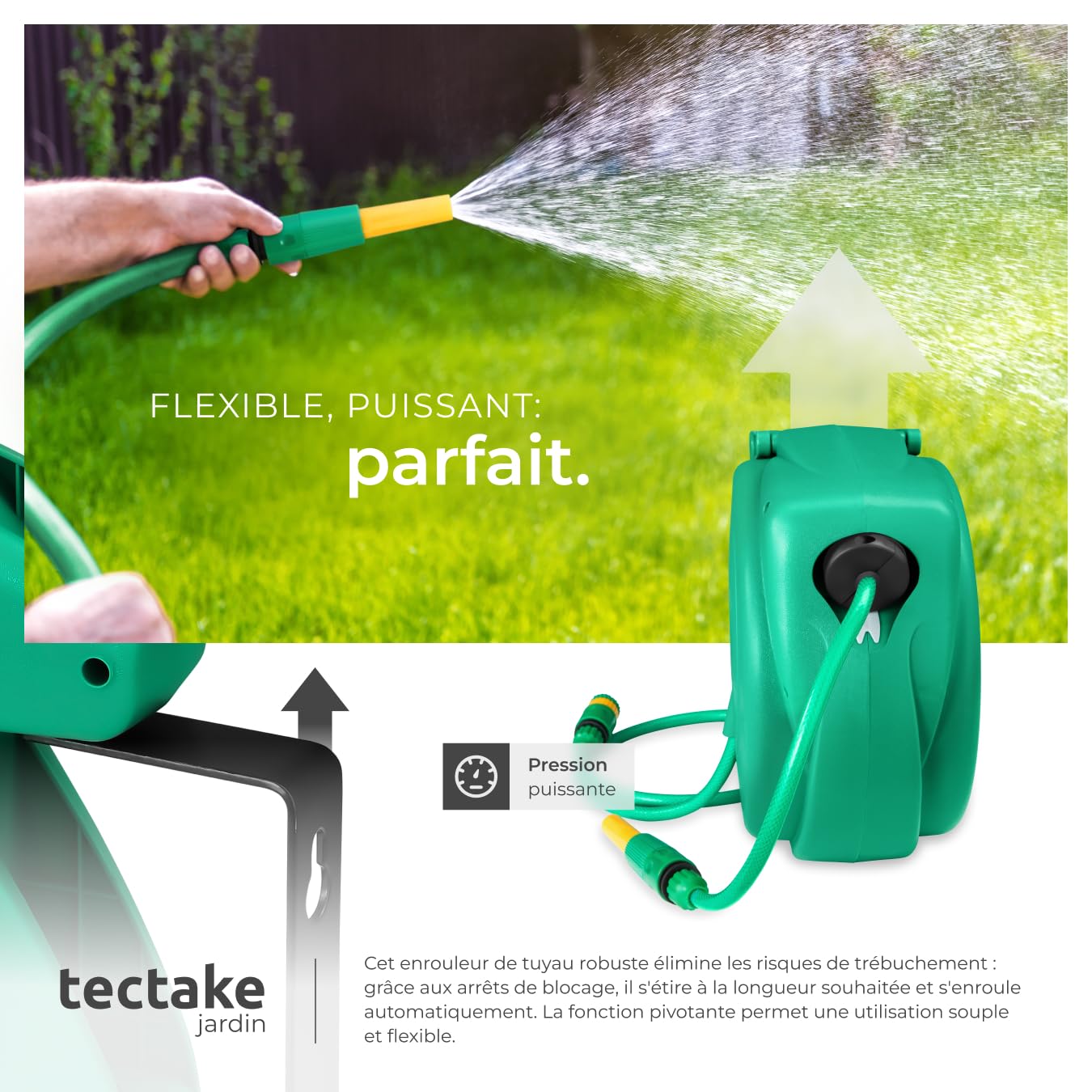 tectake® Enrouleur tuyau arrosage Dévidoir mural Enroulage automatique régulier avec guidage Tuyau arrosage 10m et Lance à eau inclus, Support mural pivotant à 180°, Dévidoir Jardin Jardinage Terrasse