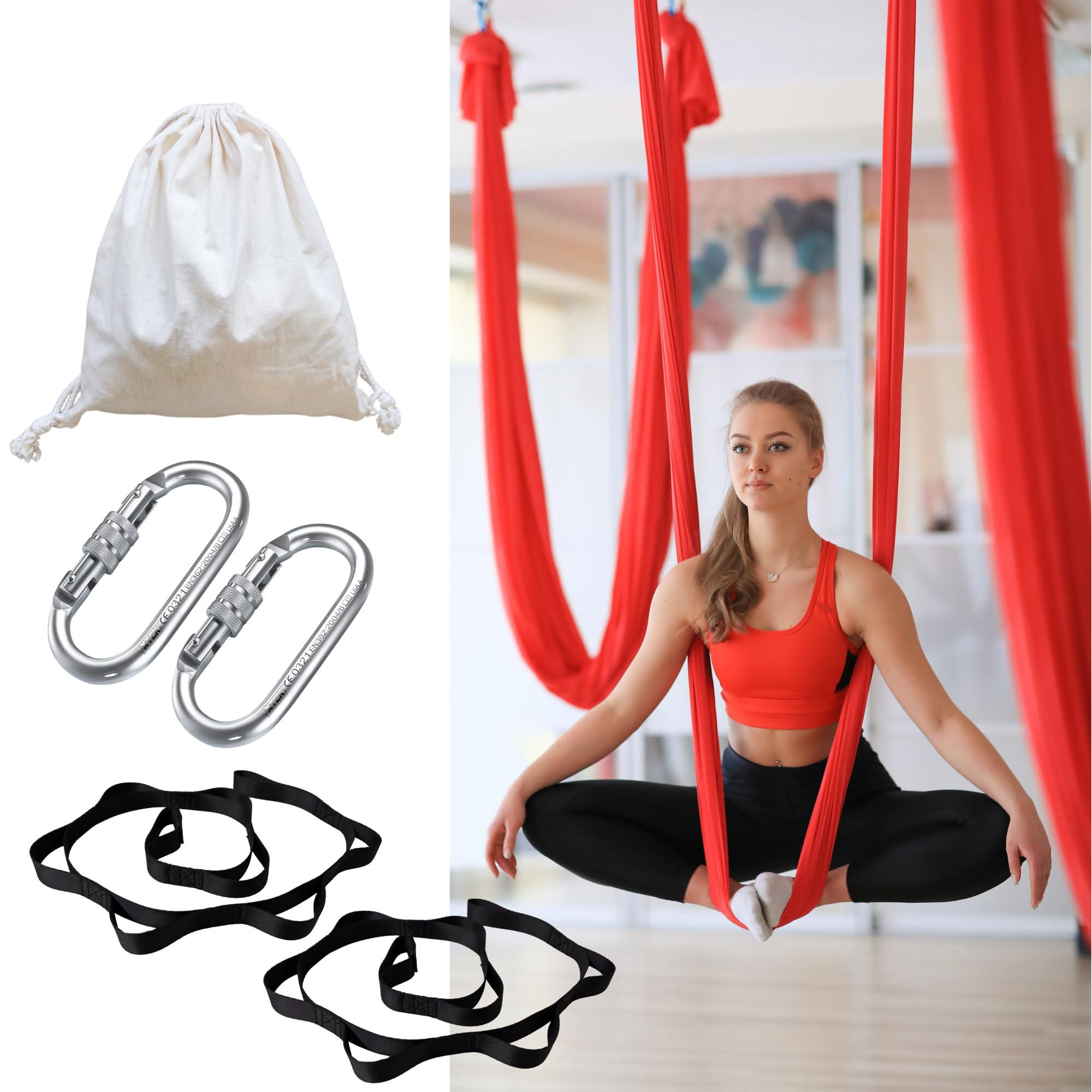 OKO Aerial Hammock Aerial Silk Yoga Swing for Antigravity Yoga, Inversion Exercises, Improved Flexibility & Core Strength - Extension Straps, Carabiners | Color - Red |-image-7