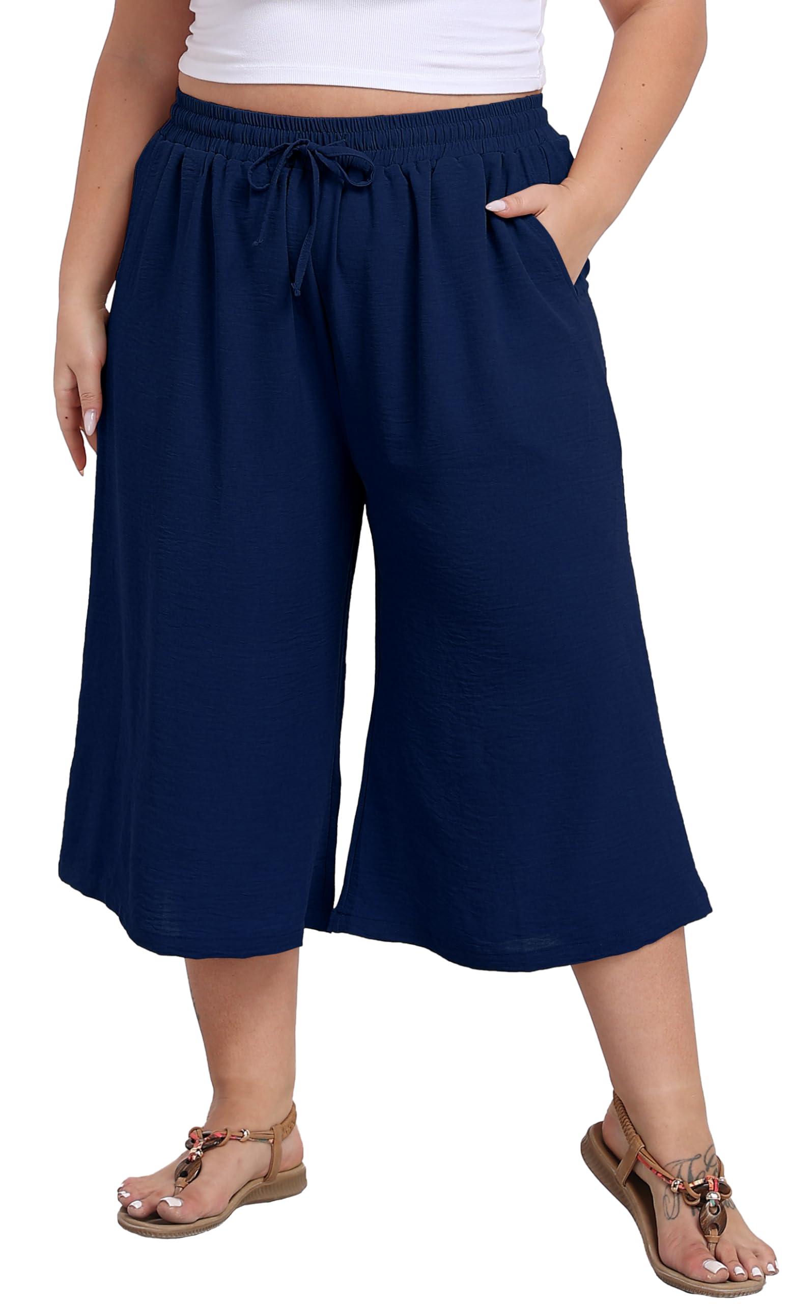 goodmansam Women's Plus Size Capri Culottes Pants High Waisted Wide Leg Palazzo Trousers with Pockets for Summer Casual Wear