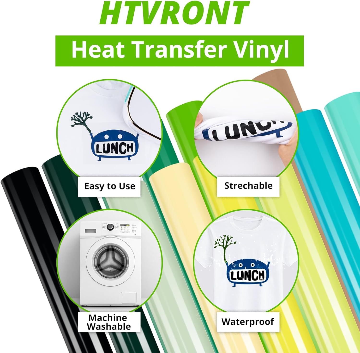 HTVRONT Heat Transfer Vinyl Green & Pink HTV Vinyl in 12 Assorted Colors,Iron on Vinyl for Cricut & Cameo - Easy to Cut & Weed
