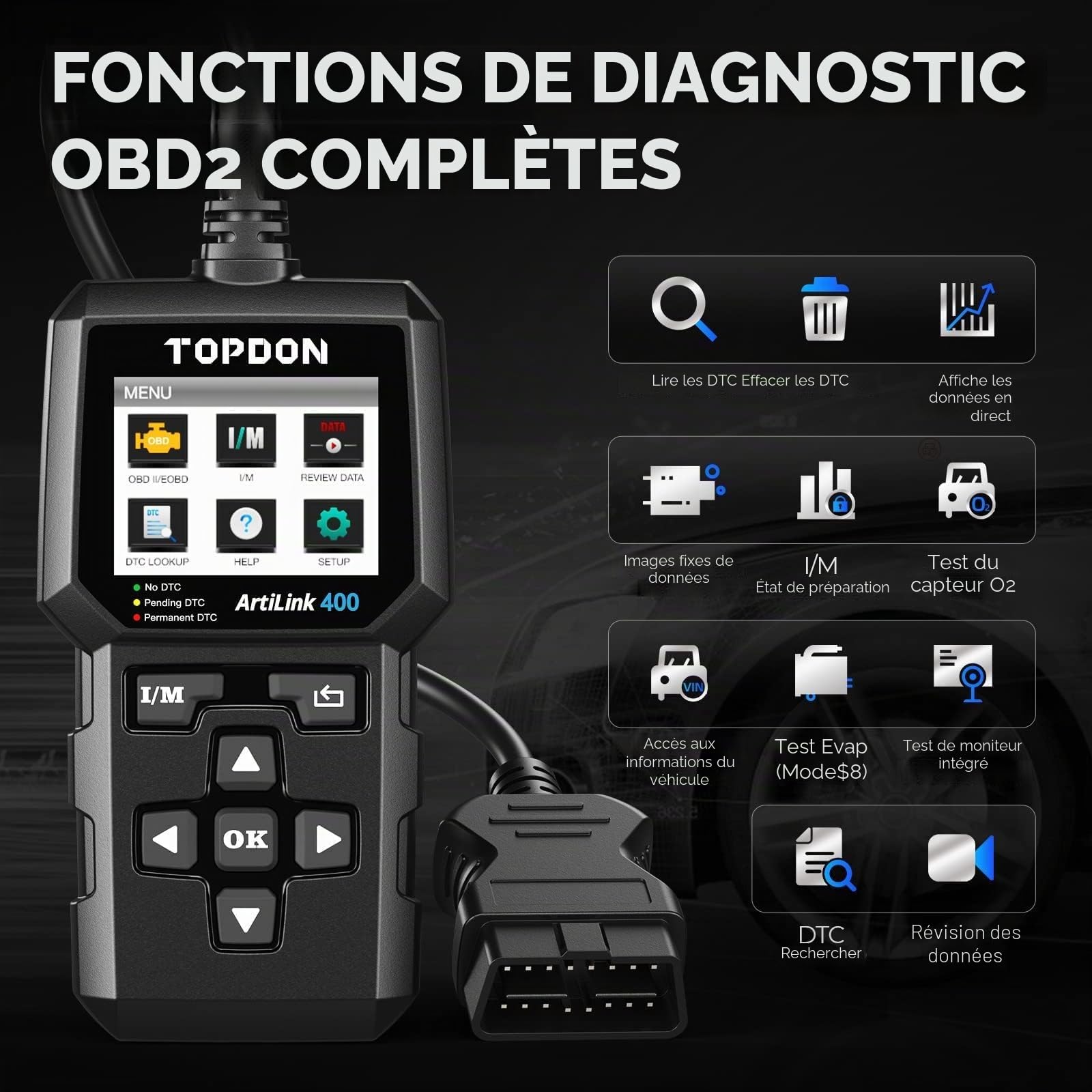 TOPDON AL400 Lecteur de Codes OBD2, 10 Fonctions OBD2, Vérification du Voyant Moteur/Test d'émissions polluantes/Test du capteur O2 / EVAP, Mise à Jour Gratuite à Vie