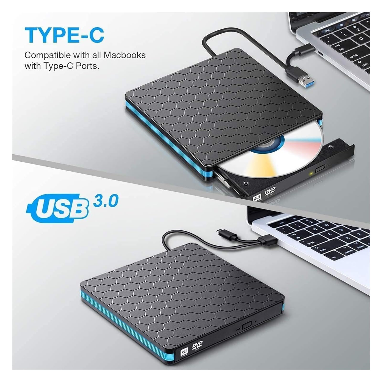 Lettore Dvd Laptop Typec unità Ottica Mobile Computer Desktop unità Ottica Esterna Dvd Masterizzatore USB3.0 Esterno Striscia di Calcio(White)