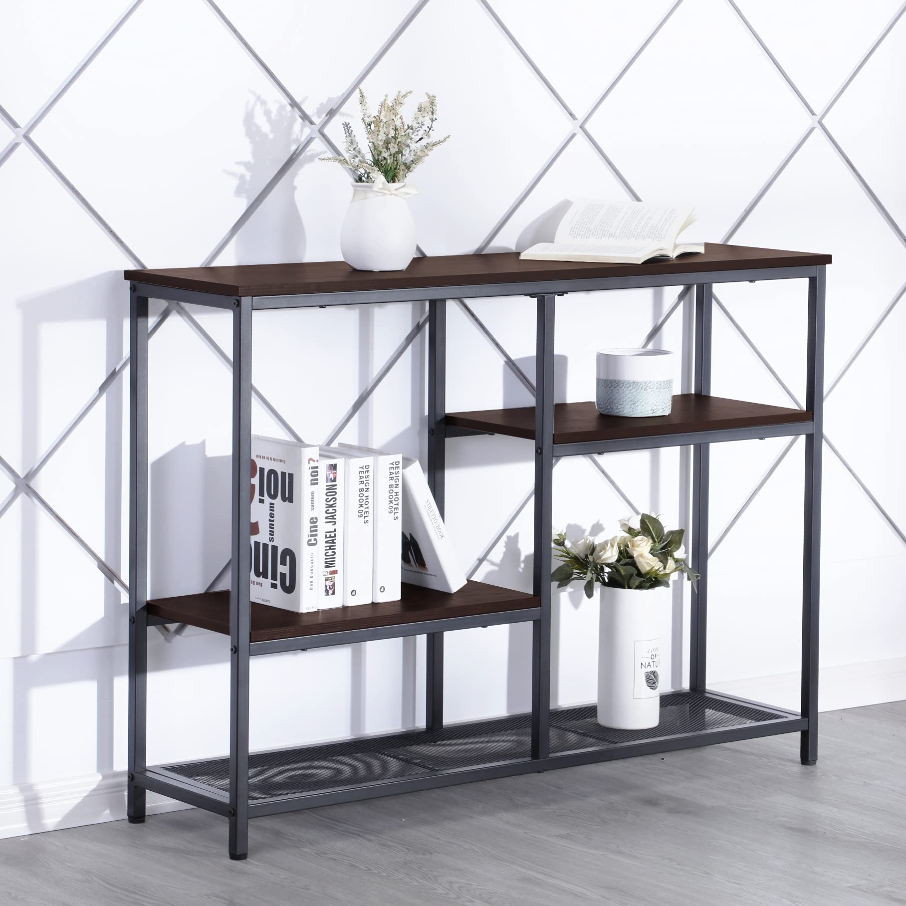 FIVEGIVEN Console Sofa Table Industrial Entryway Hallway Table Narrow with Shelves for Living Room Retro Espresso 43.3 Inch