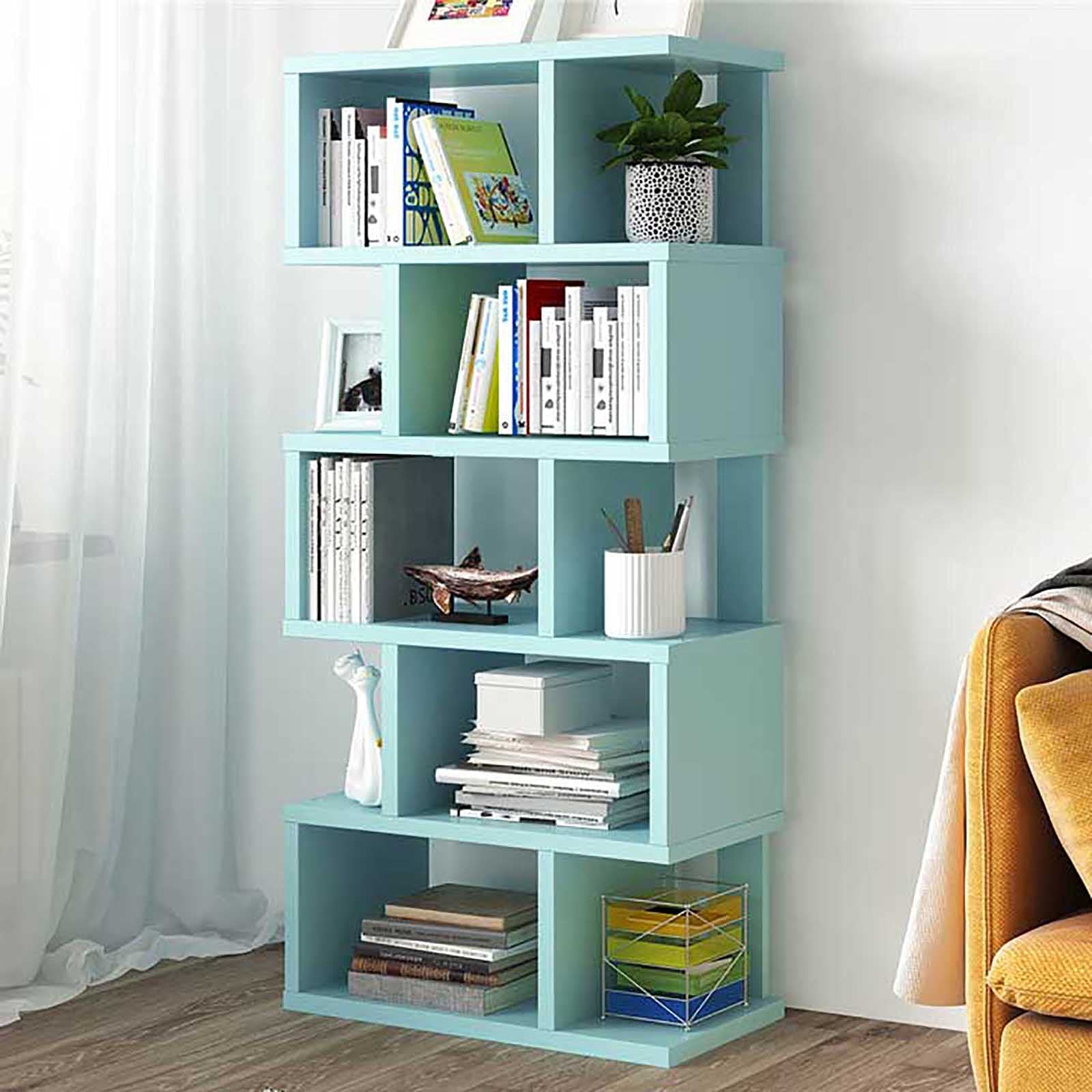 Amazon｜6 層木製本棚,モダンな S 字型本棚,多機能自立型収納棚