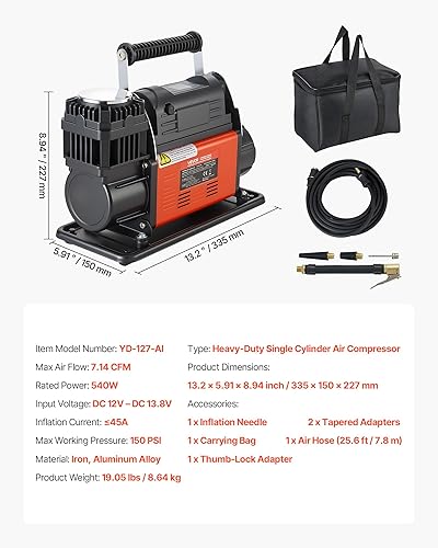 Miniatura 7 de VEVOR Compresor de aire de 12V de servicio pesado, inflador de neumáticos portátil con parada automática y pantalla LCD digital, bomba de aire todo