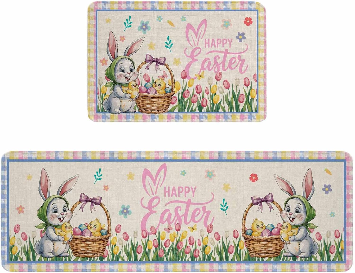 Spring Easter Kitchen Rugs and Mats Set of 2, Non-Slip Kitchen Sink Mat, Watercolor Pink Yellow Bunny Tulip Eggs Plaid Washable Doormat Bathroom Rugs Runner for Bedroom/Living Room 17.7"x30"+17.7"x59"