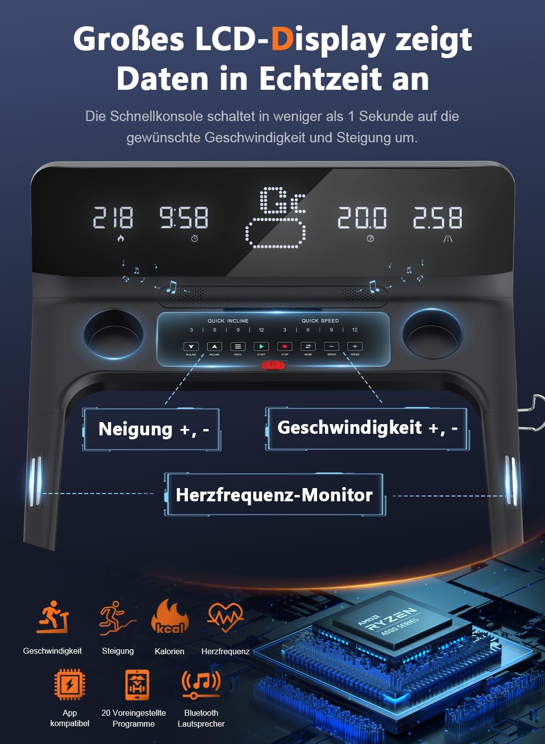 Tapis Roulant, Tapis Roulant Pieghevole da 7HP con Livelli di Inclinazione del 20%, 1km/h- 20km/h, Capacità di peso 200KG, Ampio Display LCD e Sensore di Pulsazioni, Macchina da Corsa Compatibi