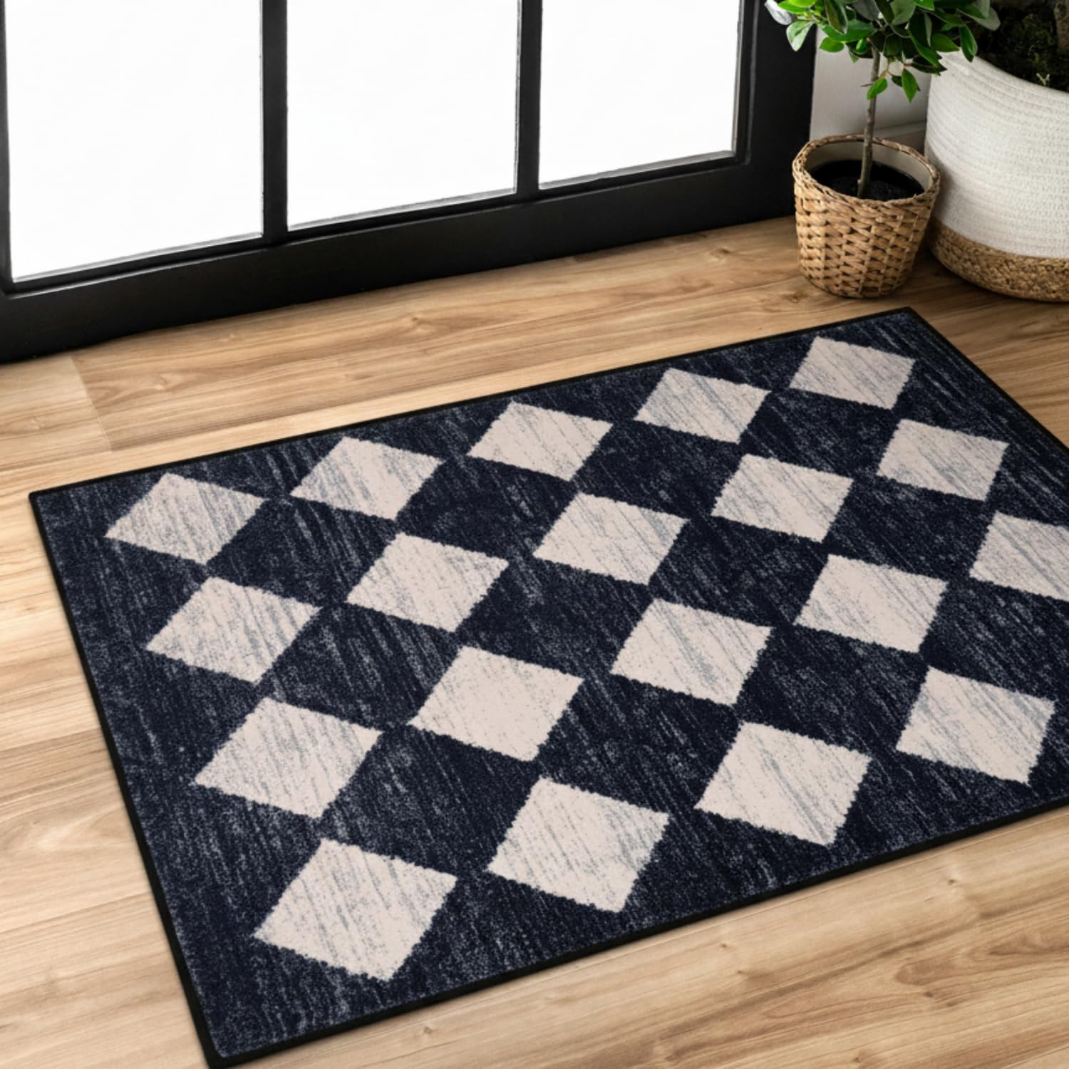 Lahome Moroccan Trellis Area Rug - 2x3 Printed Small Black Checkered Entryway Rug Non Slip Kitchen Mat Stain