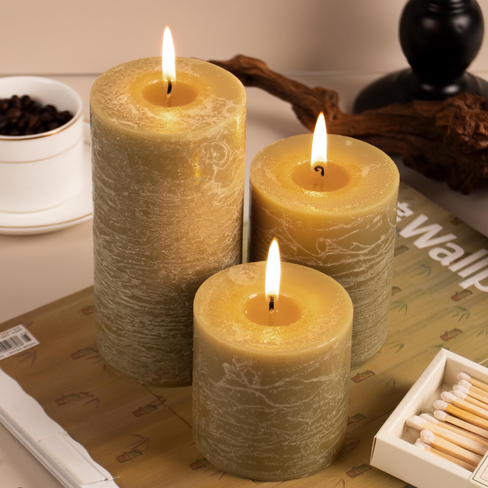 KONNI Juego de 3 velas de pilar de cera amarilla, velas de pilar sin perfume de 3 x 3 pulgadas, velas de combustión de 30 horas de duración, vela redonda grande sin humo y sin goteo para bodas,