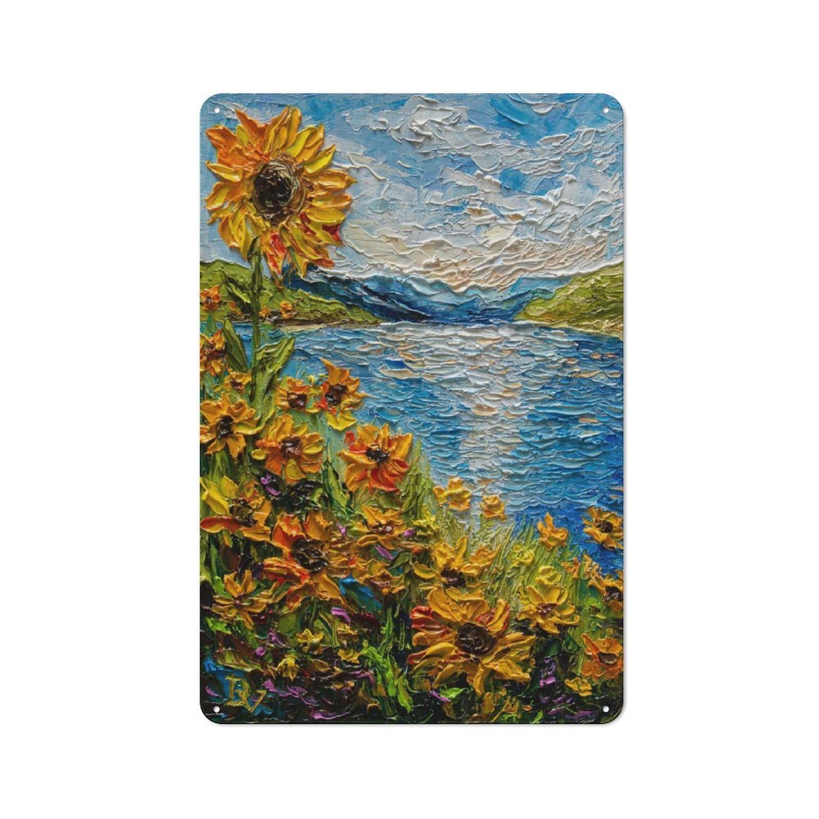Junmoney Style-19 Tin Wall Plaque 30X20cm With Sunflower Field By The Lake Painting For Garage Wall, Suited To People Furnishing A Garage