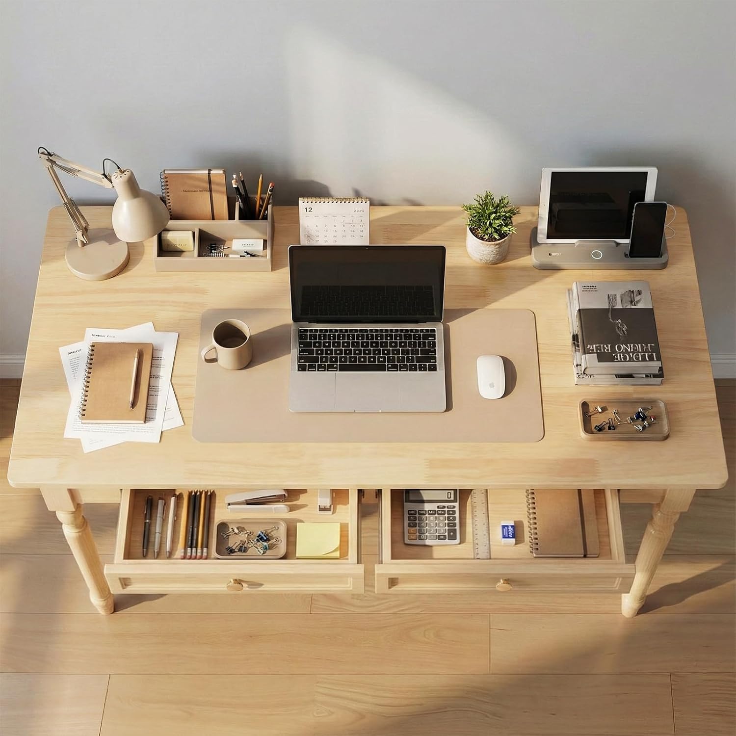 Solid Wood French Country Desk, Farmhouse Computer Writing Table with Drawers, Stable Wooden Workstation for Home Office Bedroom