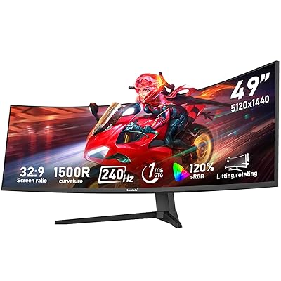Gawfolk 49 inch Ultra-Wide Curved 1500R Gaming Computer Monitor, DQHD(5120×1440), 240Hz, 1MS, FreeSync, 120% sRGB, Height Adjustable PC Screen, HDMI2.1 & DP1.4, Compatible Wall Mount 100*100mm-Black